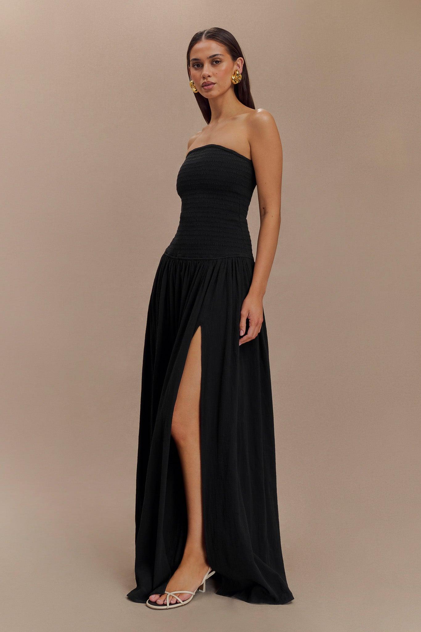 Maureen Cotton Shirring Maxi Dress - Black Product Image