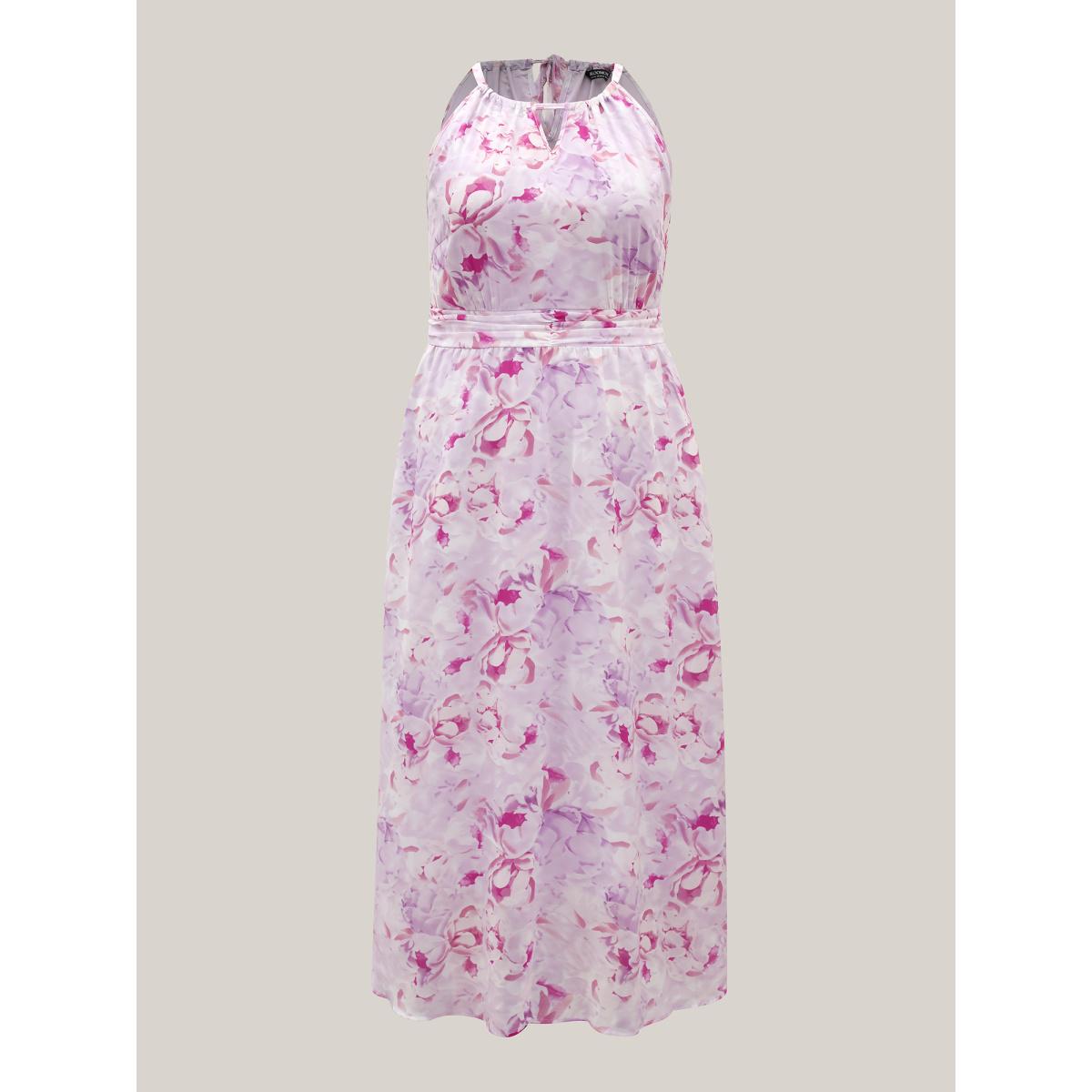 Plus Size Floral Print Halter Neck Stretchy Midi Dress Lavender Women Romantic Halter neck Sleeveless Curvy BloomChic 14-16/1X Product Image