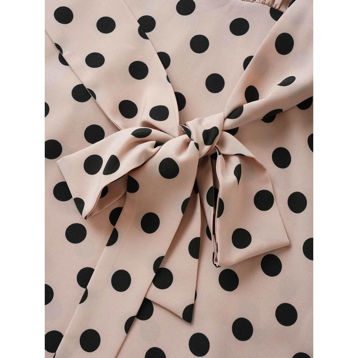 Plus Size Polka Dot Elastic Waist Ties Pocket Dress Pink Women At the Office Non Lapel Collar Short sleeve Curvy Midi Dress BloomChic 30/6X Product Image