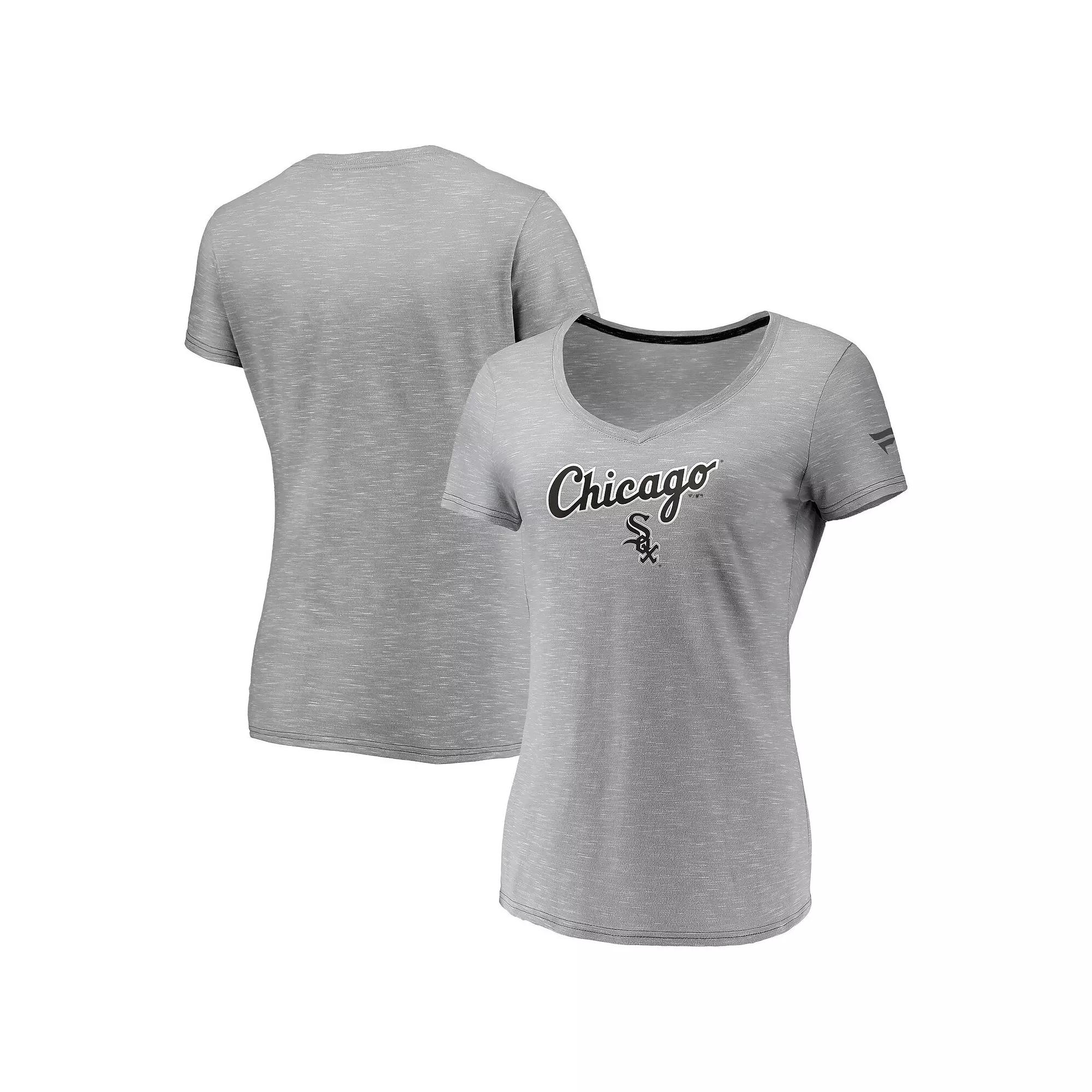 Women's Fanatics Branded Gray Chicago White Sox Wordmark & Logo Space-Dye V-Neck T-Shirt, Size: Small, Grey Product Image