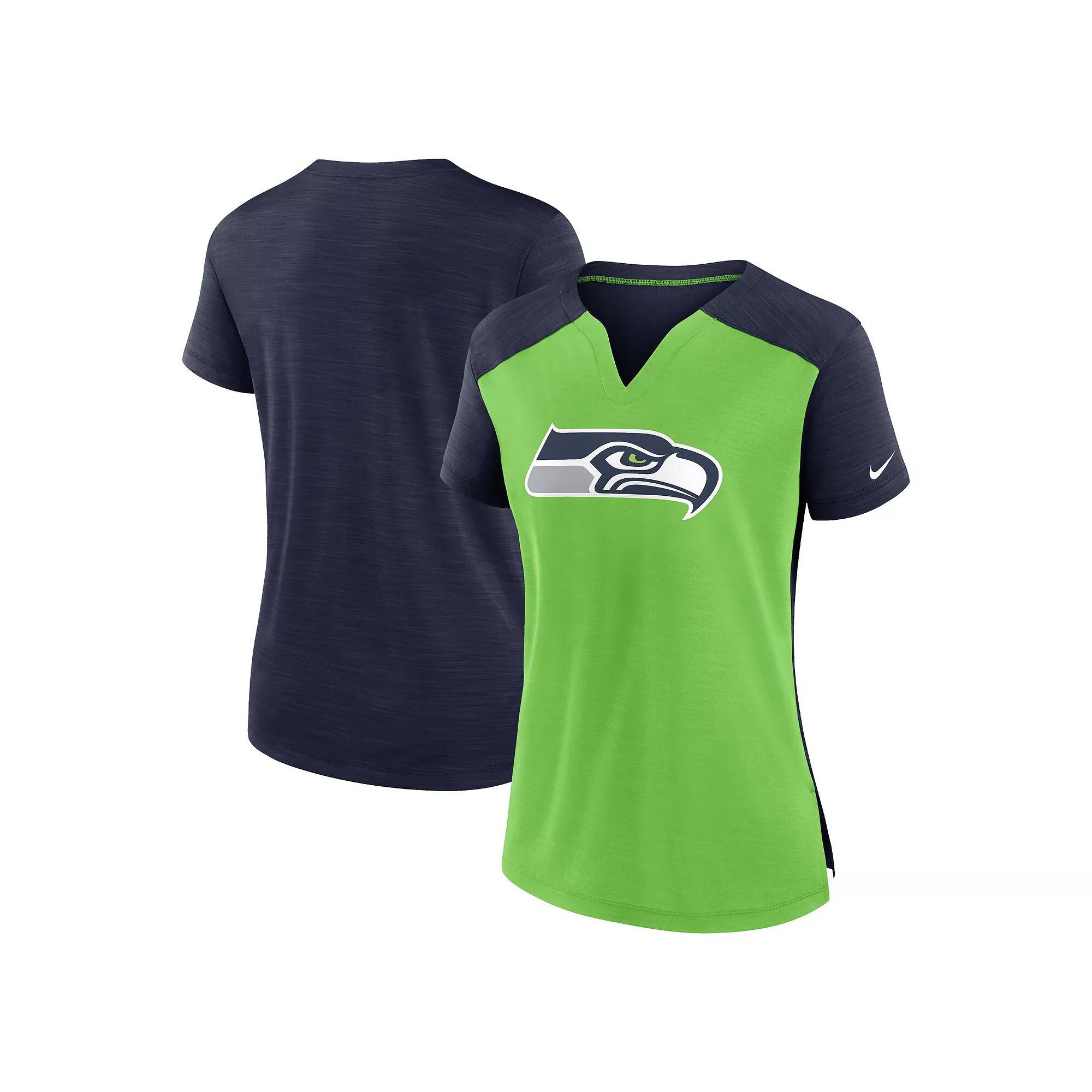 Women's Nike Neon Green/College Navy Seattle Seahawks Impact Exceed Performance Notch Neck T-Shirt, Size: Small, Brt Gr Product Image