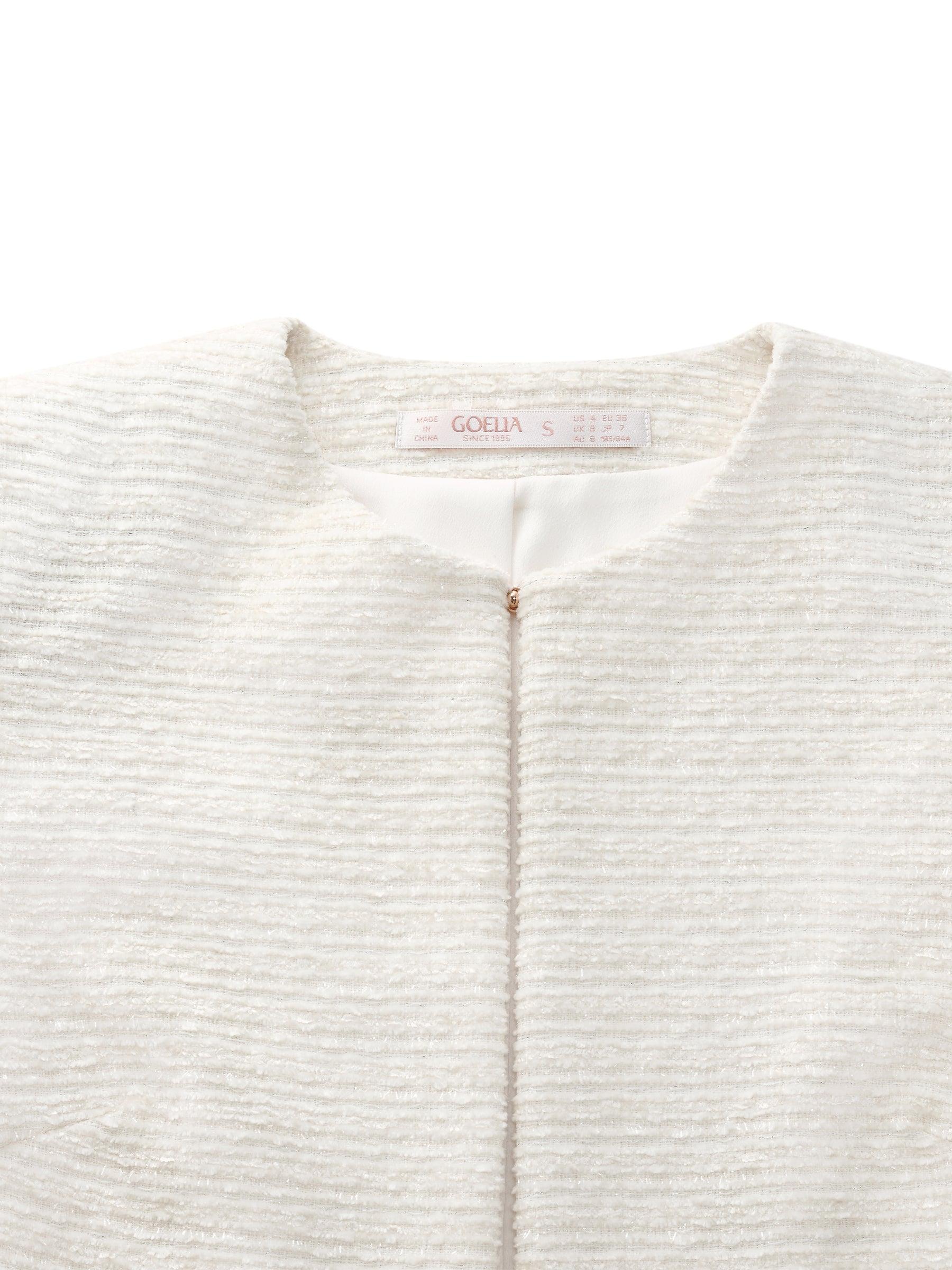 Tweed Round Neck Frayed Hem Women Cropped Jacket Product Image