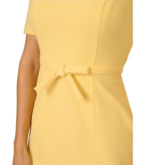 Adrianna Papell Crew Neck Short Sleeve Bow Front Crepe Sheath Dress Product Image