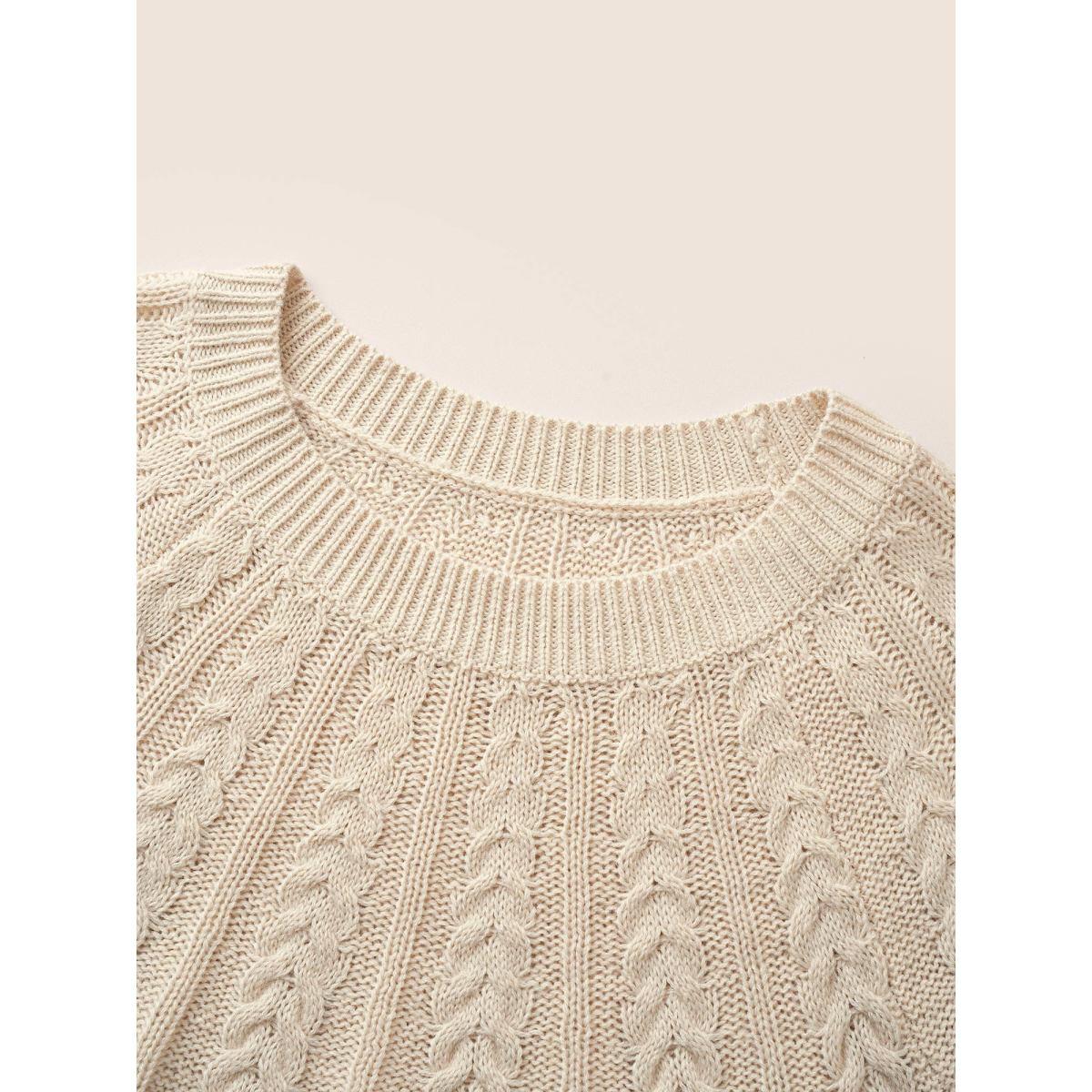 Plus Size Colorblock Contrast Cable Knit Raglan Sleeve Pullover Apricot Women Casual Loose Long Sleeve Round Neck Dailywear Pullovers BloomChic 30/6X Product Image