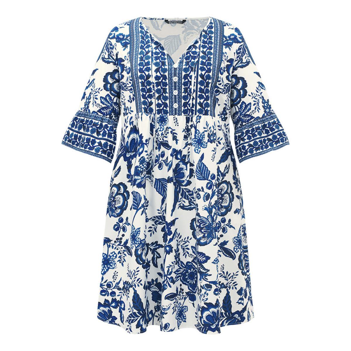 Plus Size Bandana Print Knot Neck Button Detail Dress DarkBlue Women Vacation Cross straps V-neck Elbow-length sleeve Curvy Midi Dress BloomChic 22-24/3X Product Image