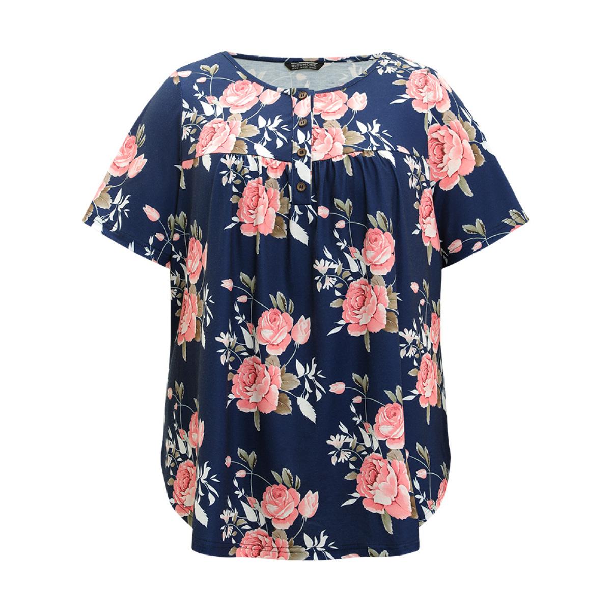 Plus Size Floral Print Button Up Flutter Gathered T-shirt Blue Women Elegant Printed Floral Open Front Dailywear T-shirts BloomChic 30/6X Product Image