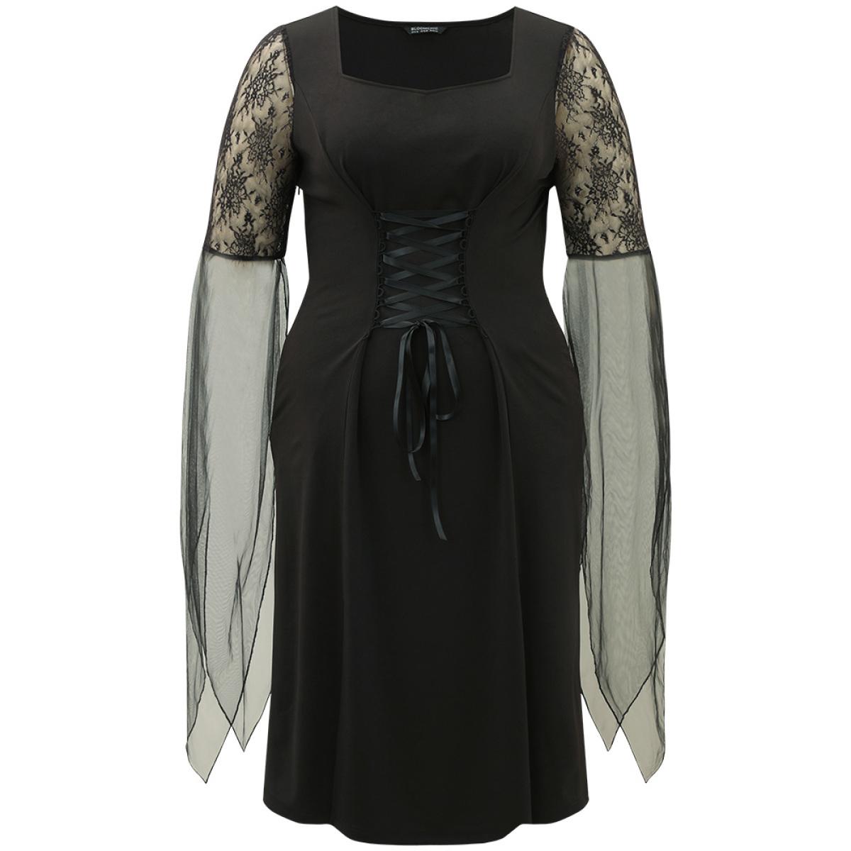 Plus Size Halloween Patchwork Lace Mesh Split Hem Lace Up Dress Black Women Glamour Cross straps Square Neck Short sleeve Curvy Midi Dress BloomChic 12/L Product Image