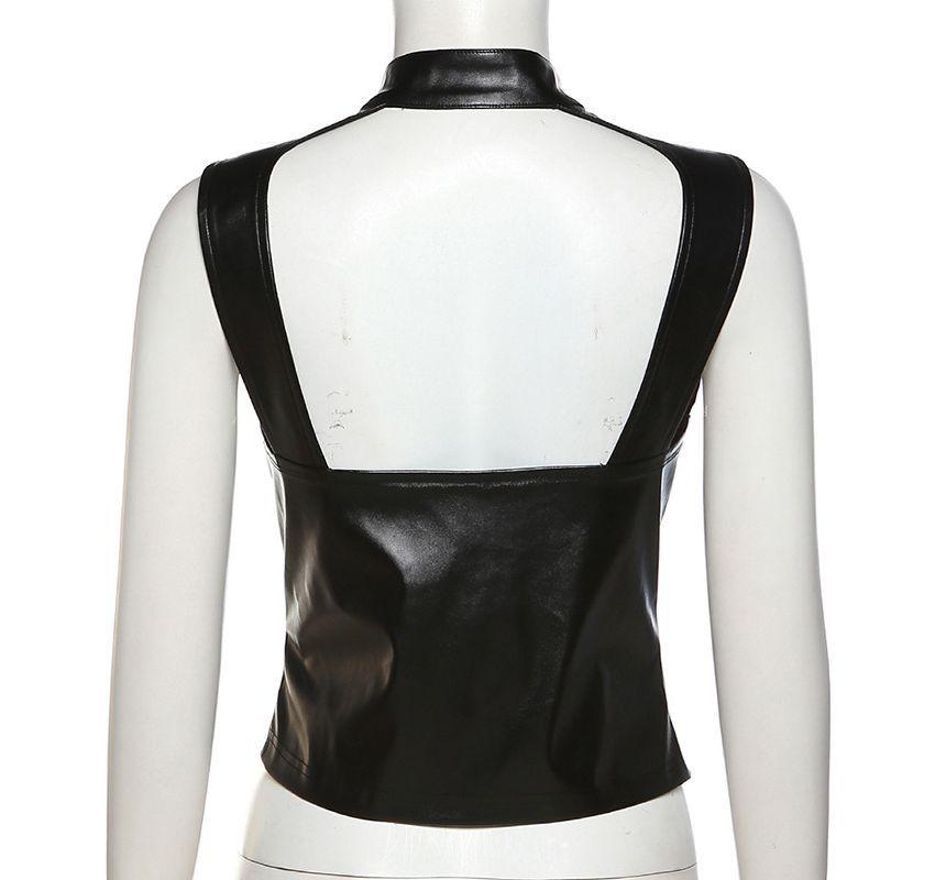 Stand Collar Plain Faux Leather Zip Vest Product Image