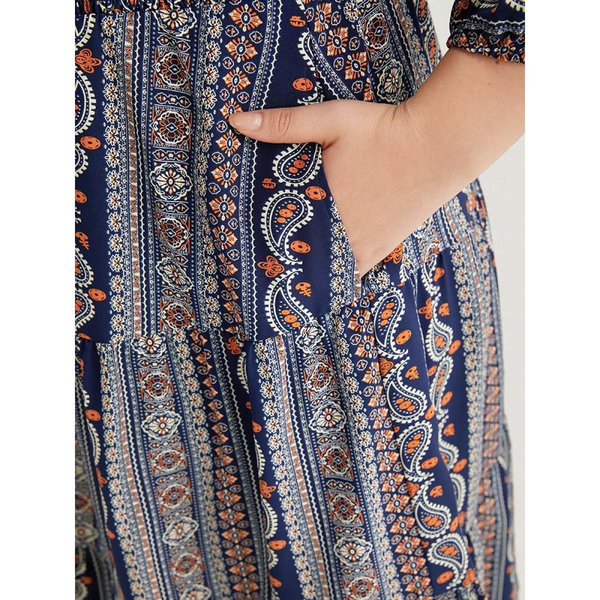 Plus Size Bandana Print Elastic Cuffs Layered Hem Dress DarkBlue Women Vacation Elastic cuffs V-neck Elbow-length sleeve Curvy Midi Dress BloomChic 22-24/3X Product Image