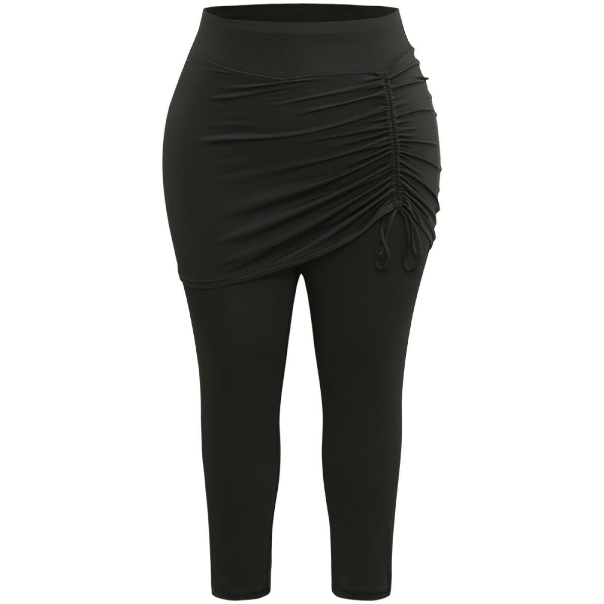 Plus Size Plain Drawstring Gathered Paperbag Waist Leggings Women Black Casual High stretch Skinny High Rise Dailywear Leggings BloomChic 12/L Product Image