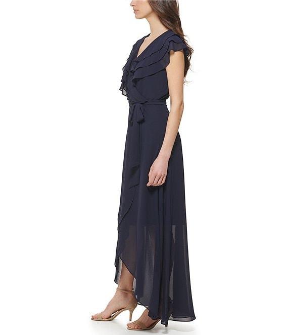 Jessica Howard Chiffon V-Neck Short Sleeve Ruffle Wrap Dress Product Image