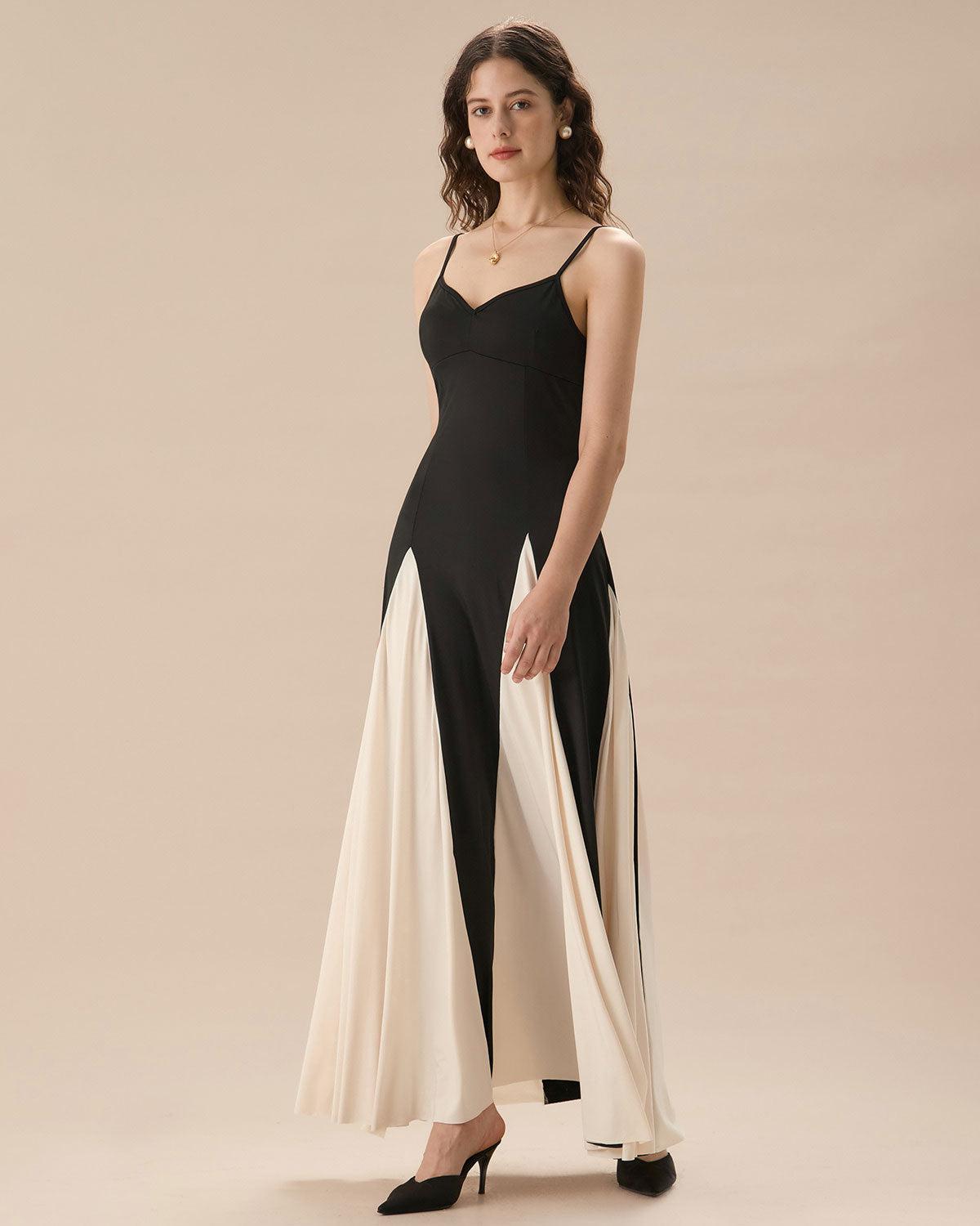 Women's Black Contrasting Pleated Slip Maxi Dress Female Product Image