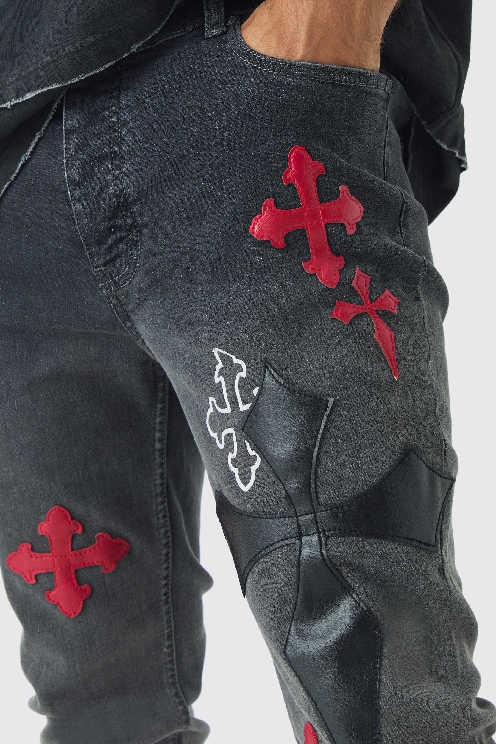 Skinny Stretch Flare Cross Applique Jeans | boohooMAN USA Product Image