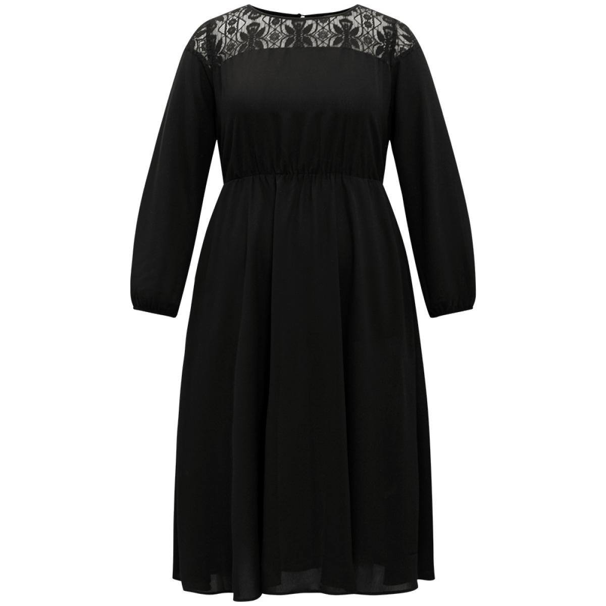 Plus Size Lace Panel Patchwork Lantern Sleeve Dress Black Women At the Office Elastic cuffs Round Neck Long Sleeve Curvy Midi Dress BloomChic 14-16/1X Product Image
