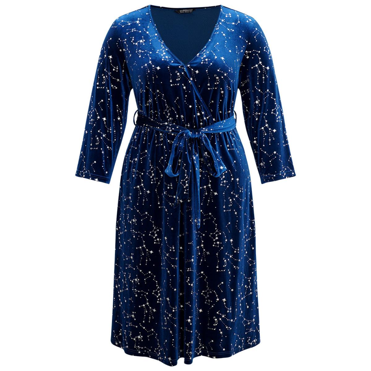 Plus Size Star Glitter Velvet Wrap Pocket Belted Dress DarkBlue Women Party Wrap Overlap Collar Long Sleeve Curvy Midi Dress BloomChic 14-16/1X Product Image