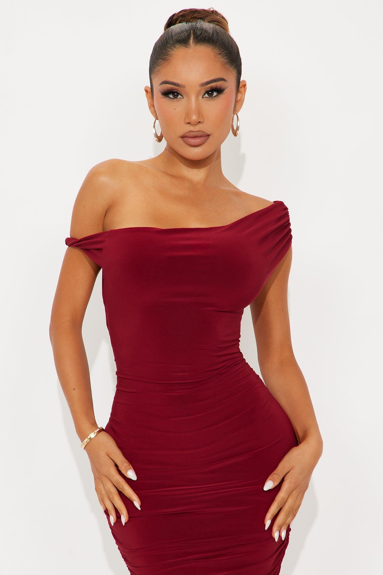Blind Date One Shoulder Midi Dress - Wine Female Product Image
