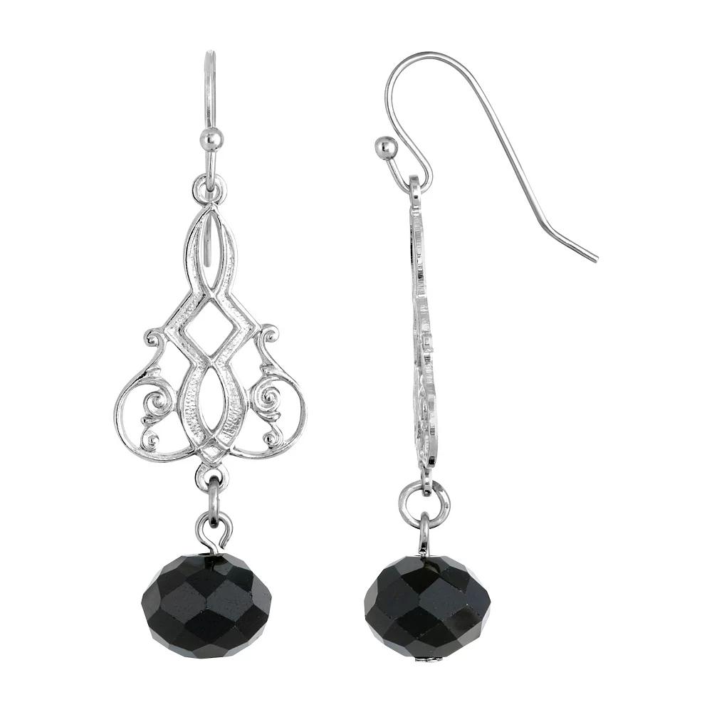 1928 Silver Tone Black Simulated Crystal Filigree Drop Earrings, Women's Product Image