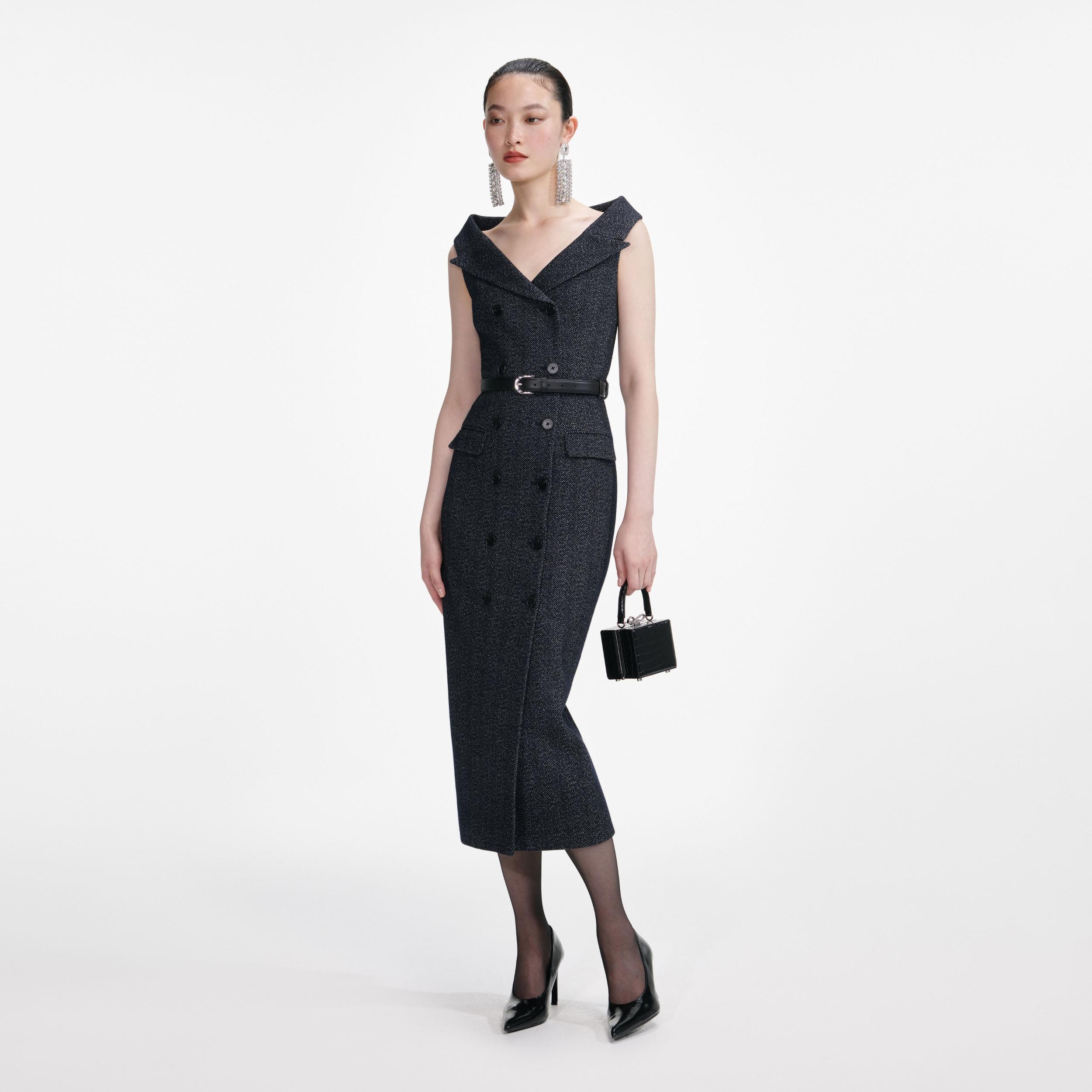 Navy Herringbone Wool Midi Dress Product Image
