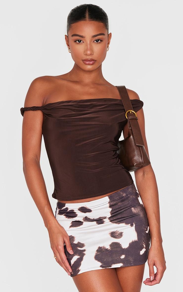 Brown Slinky Basic Cow Print Low Rise Extreme Micro Mini Skirt Product Image