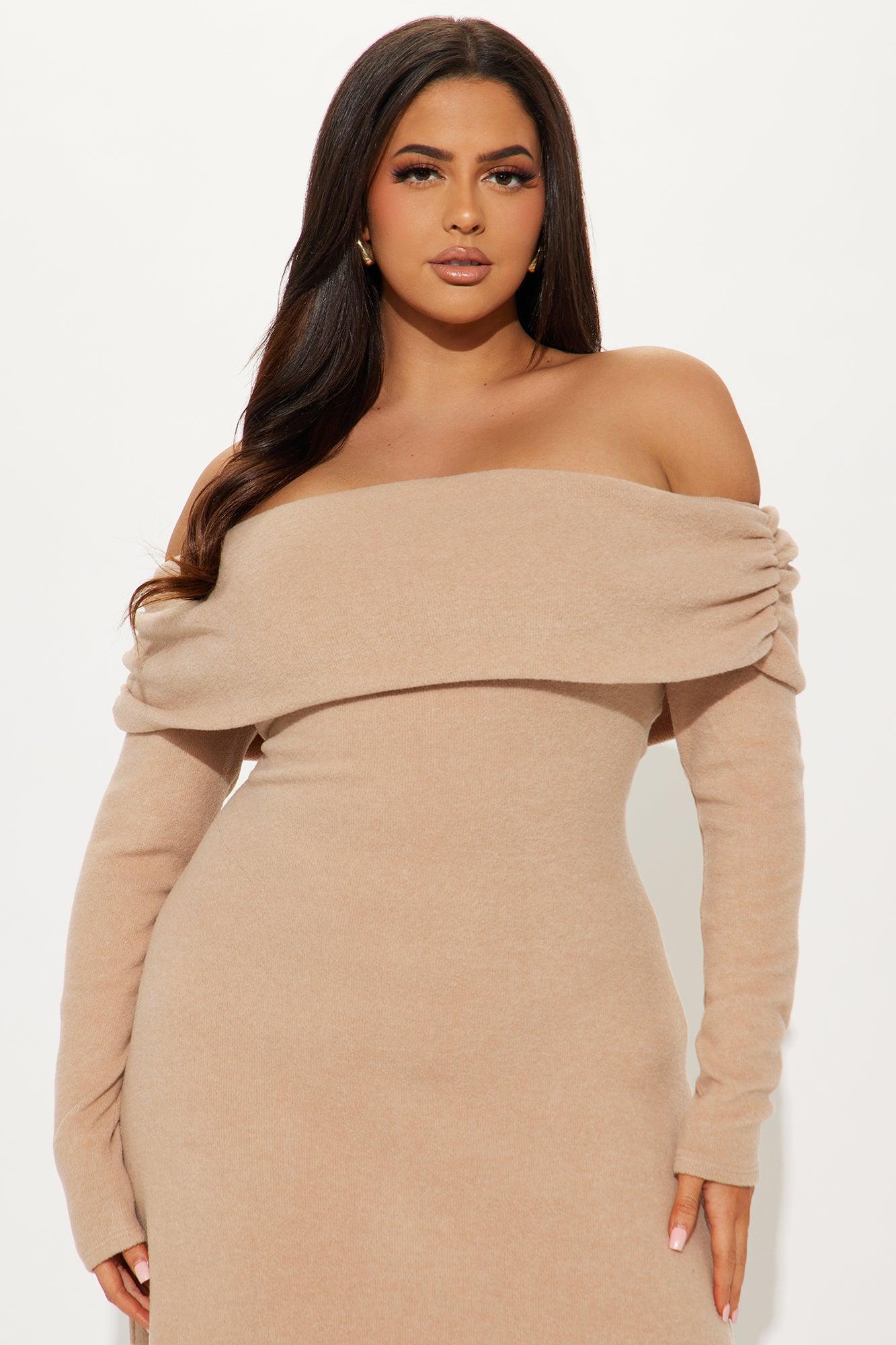 Tell Me More Off Shoulder Midi Dress - Khaki Product Image