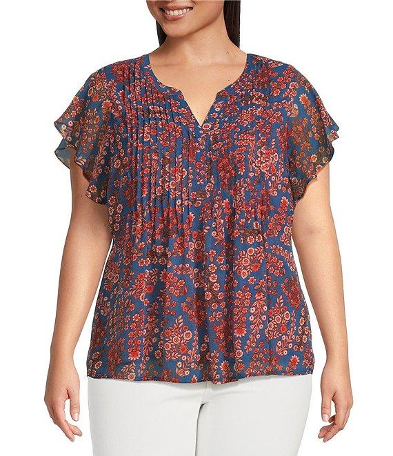 Liverpool Los Angeles Plus Size Chiffon Floral Printed Split V-Neck Flutter Sleeve Blouse Product Image