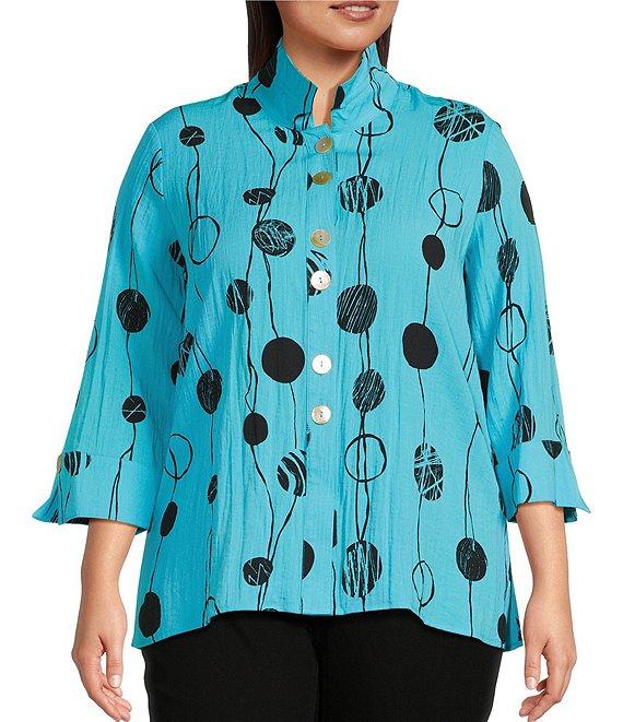 Ali Miles Plus Size Printed Woven Crinkle Wire Collar 3/4 Sleeve Button Front Tunic Product Image