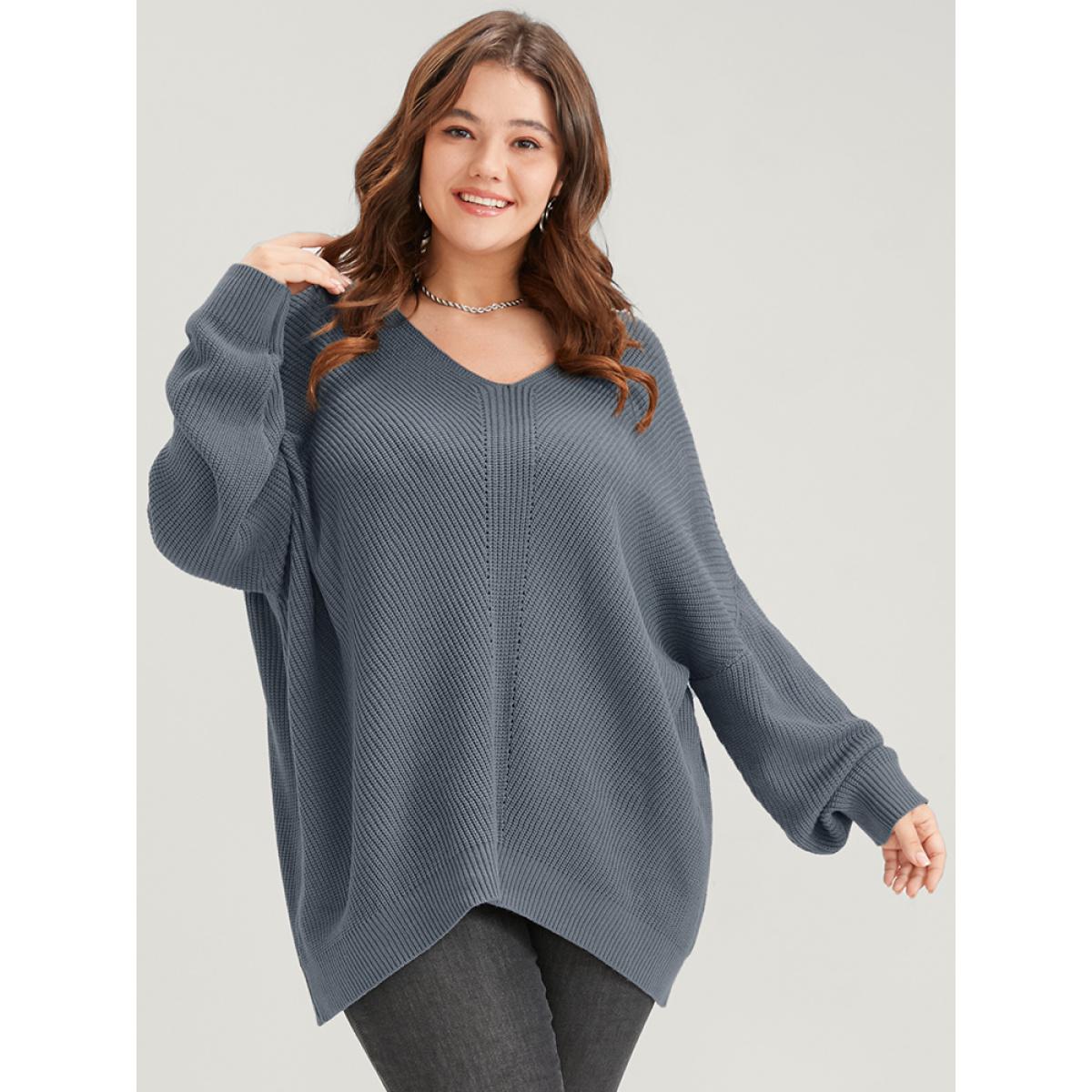Plus Size Solid Pointelle Knit Asymmetrical Hem Eyelet Knit Top Silver Women Casual Loose Long Sleeve V-neck Dailywear Pullovers BloomChic 28/5X Product Image