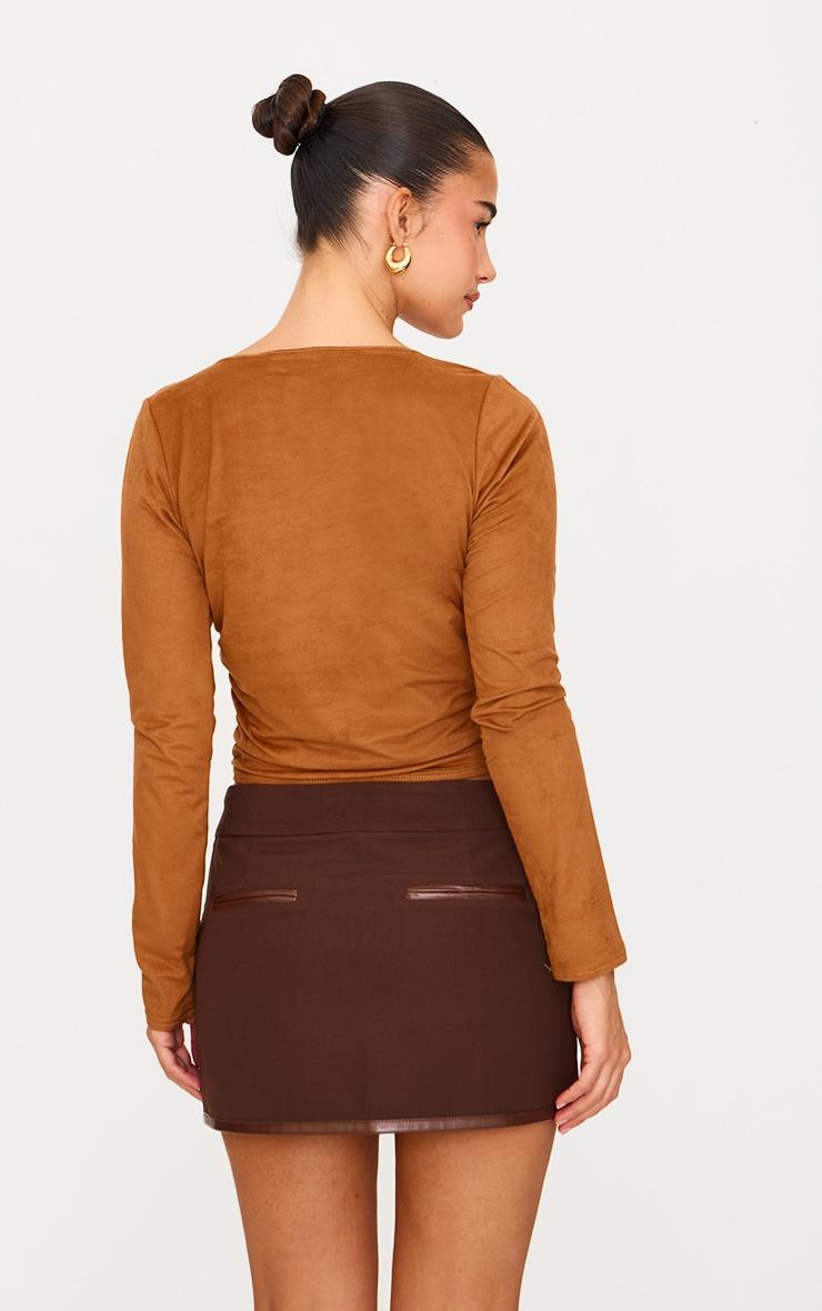 Tan Faux Suede Cowl Neck Long Sleeve Top Product Image