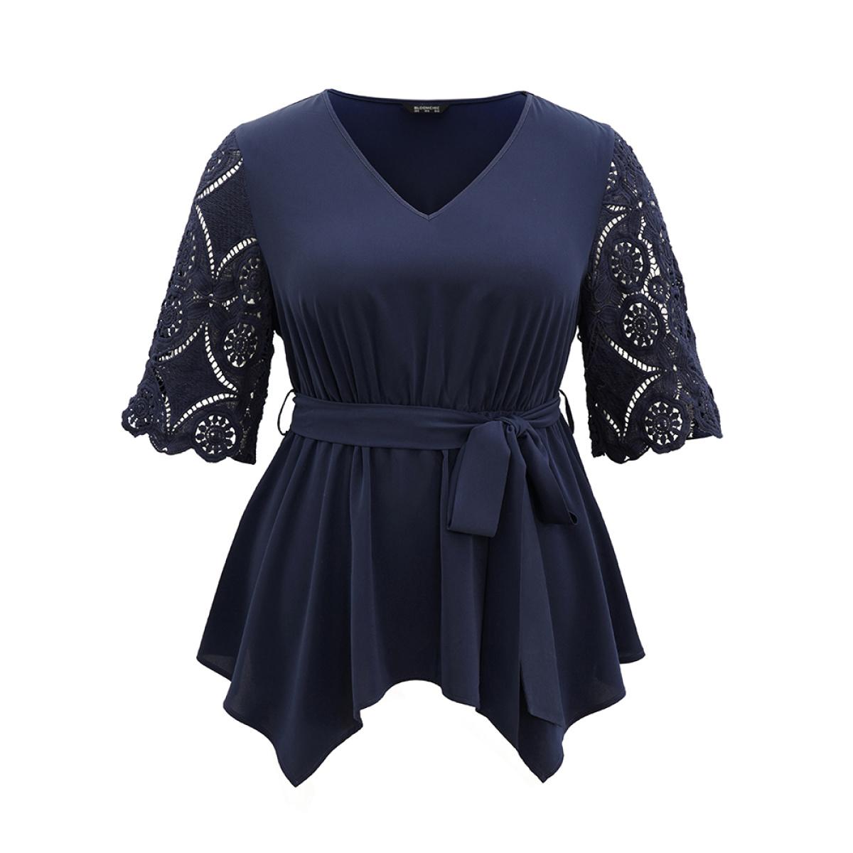 Plus Size Indigo Lace Patchwork Belted Hanky Hem Blouse Women Elegant Half Sleeve V-neck Work Blouses BloomChic 14-16/1X Product Image