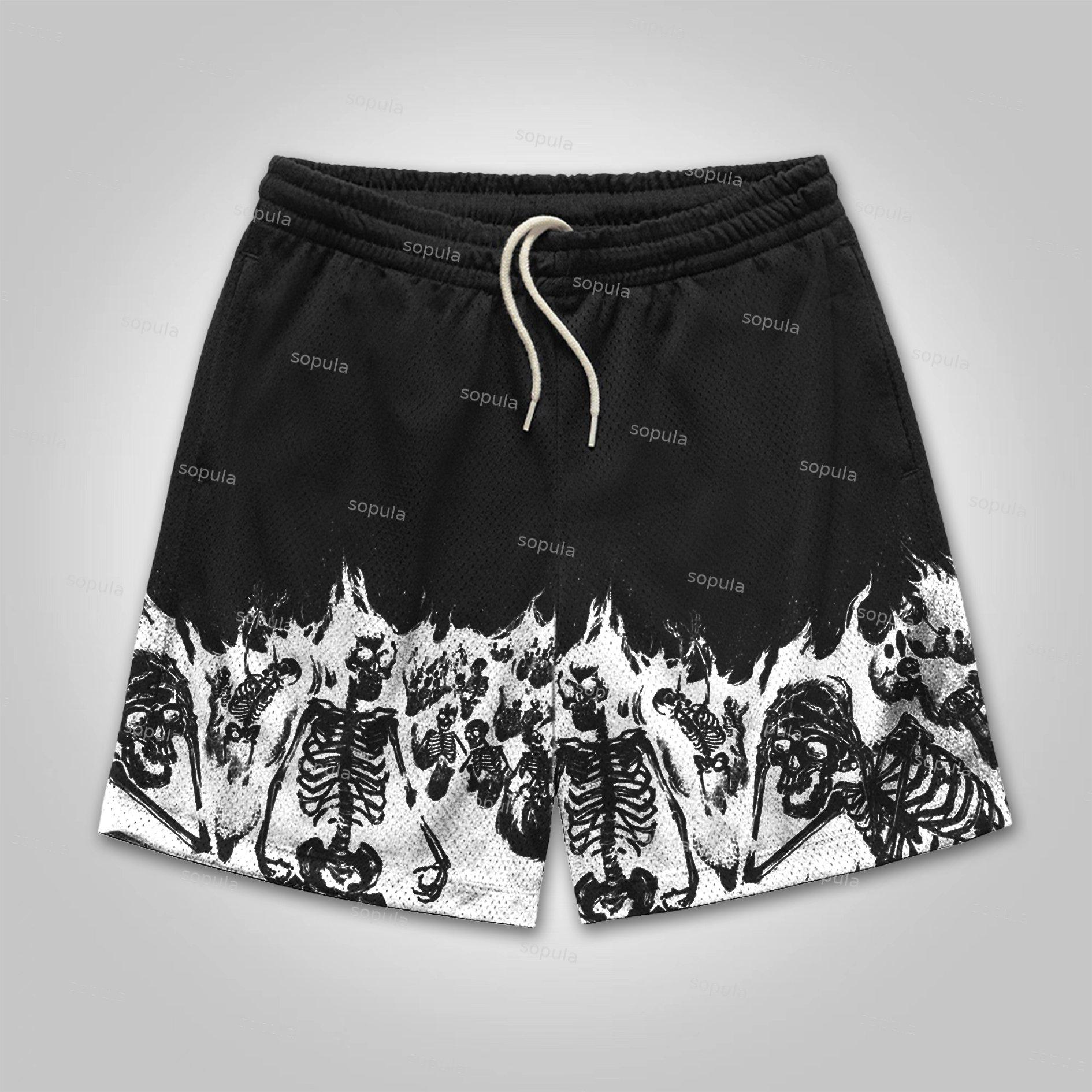 Sopula Flaming Skull Graphic Mesh Shorts Product Image