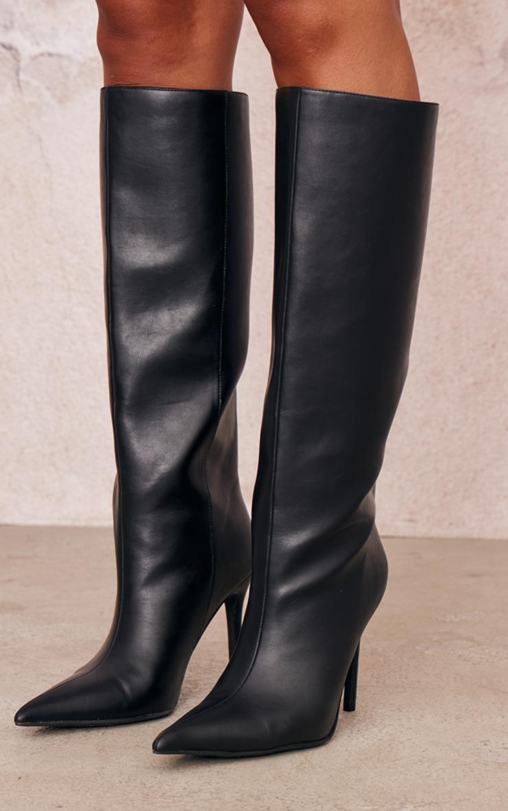 Black PU Point Toe Stiletto Knee High Heeled Boots Product Image