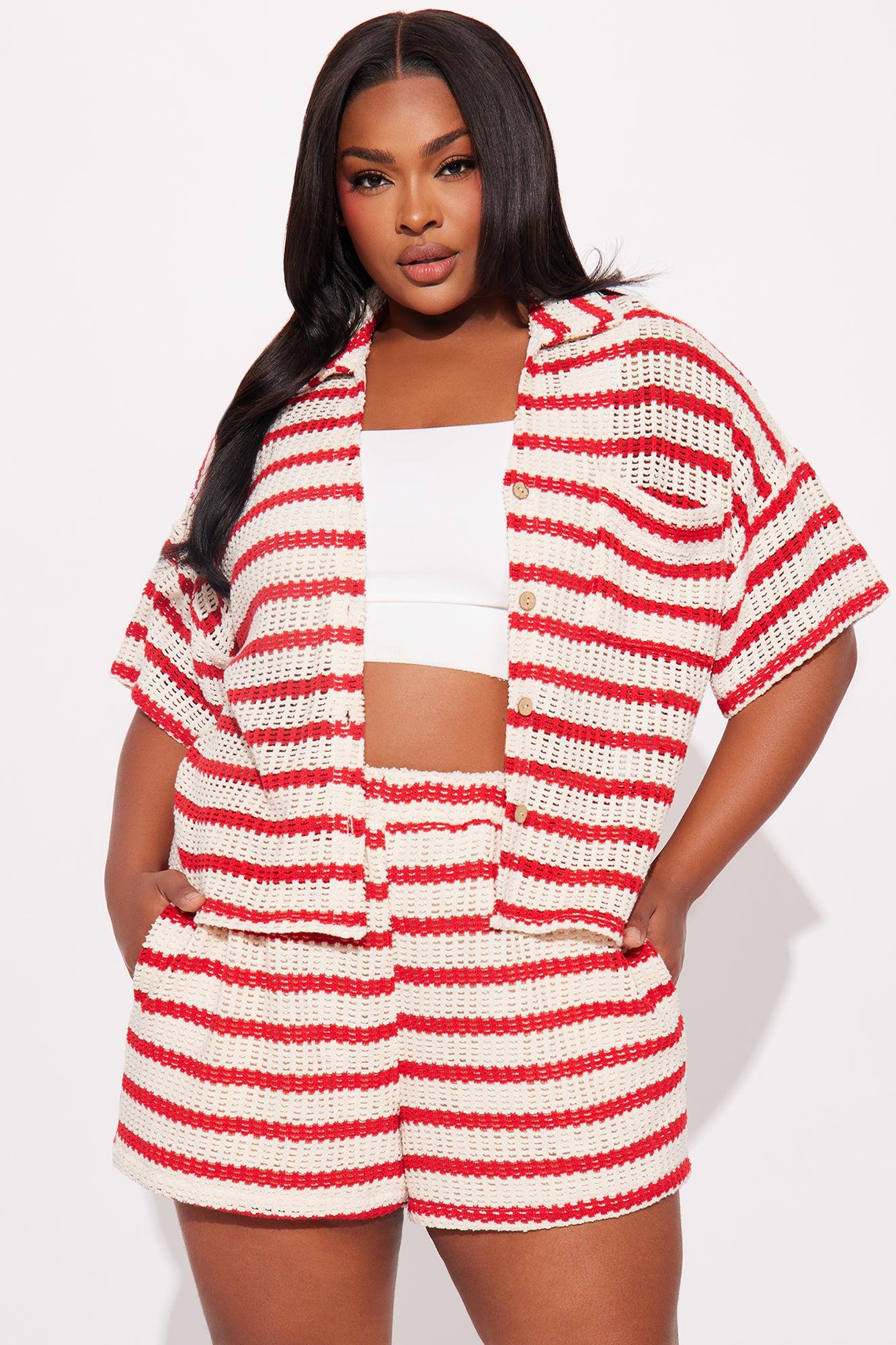 Savannah Stripe Crochet Short Set  - Red/combo Product Image