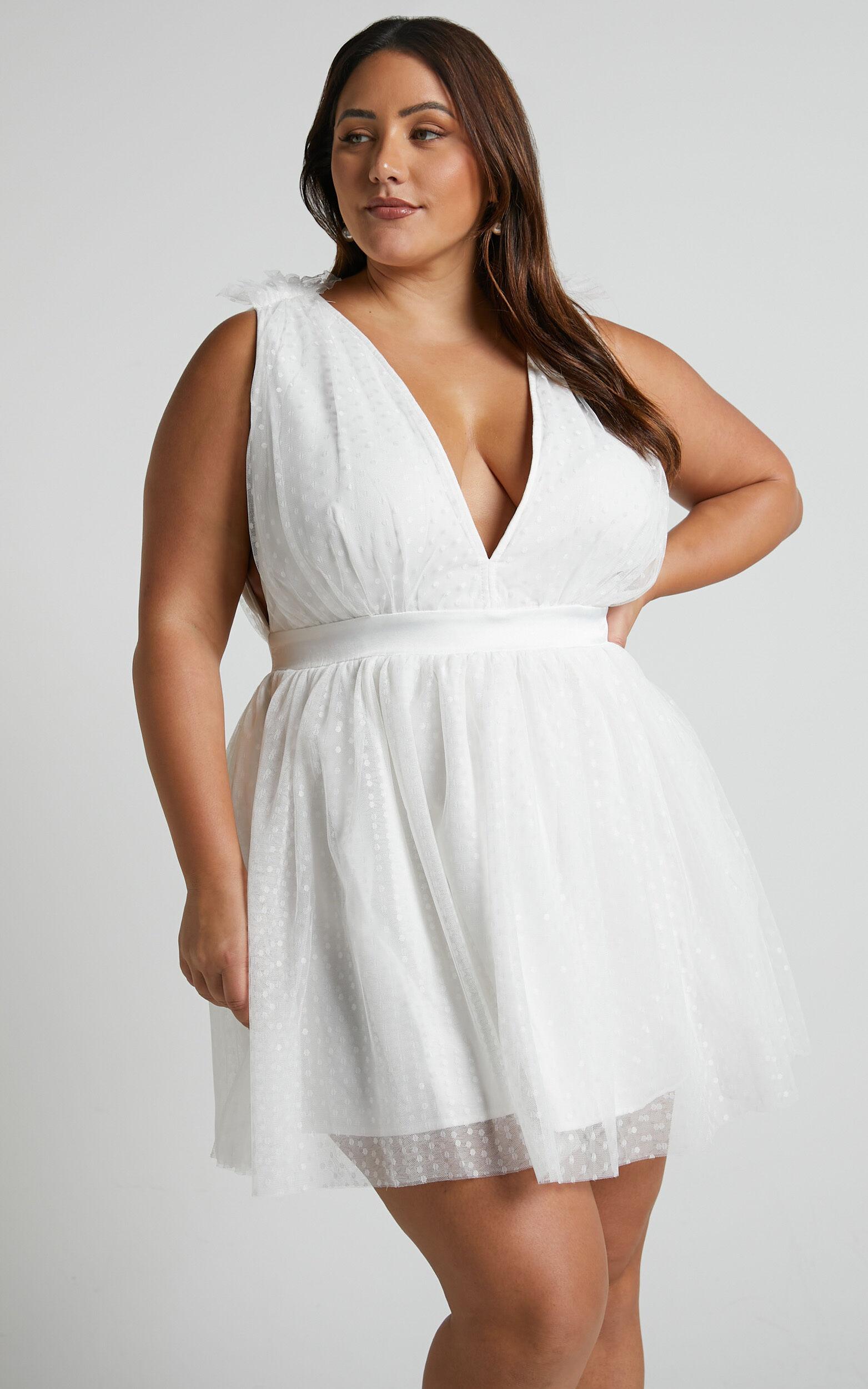 Mariabella Mini Dress - Tulle Plunge Dress in White Product Image
