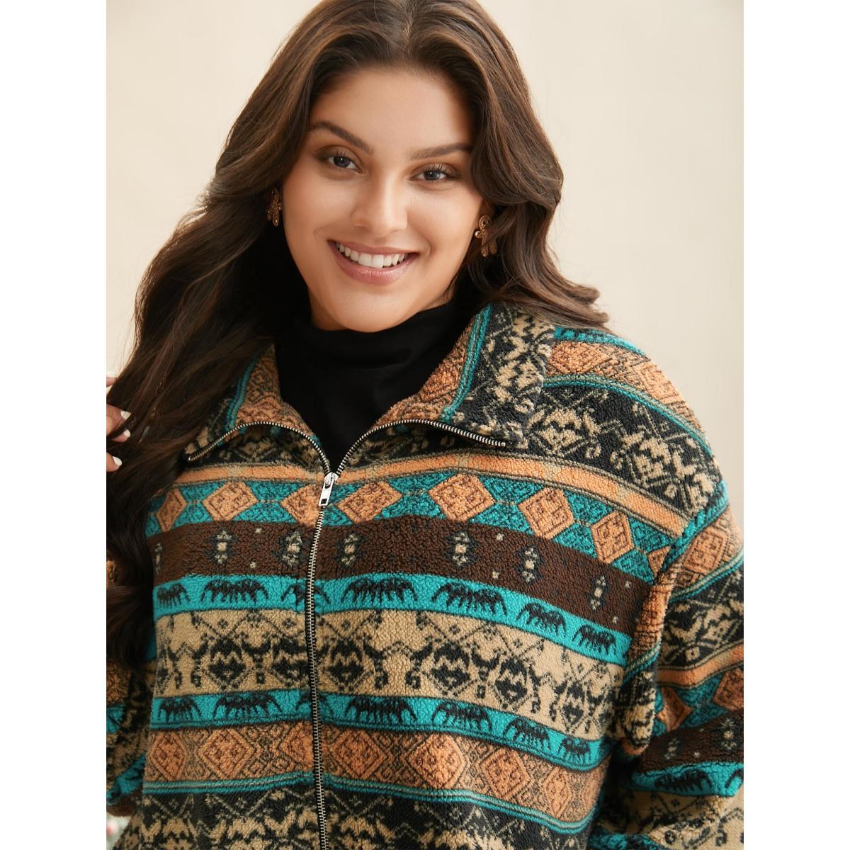 Plus Size Holiday Zipper Collared Jacket Women Multicolor Contrast Loose Slanted pocket Everyday Jackets BloomChic 14-16/1X Product Image