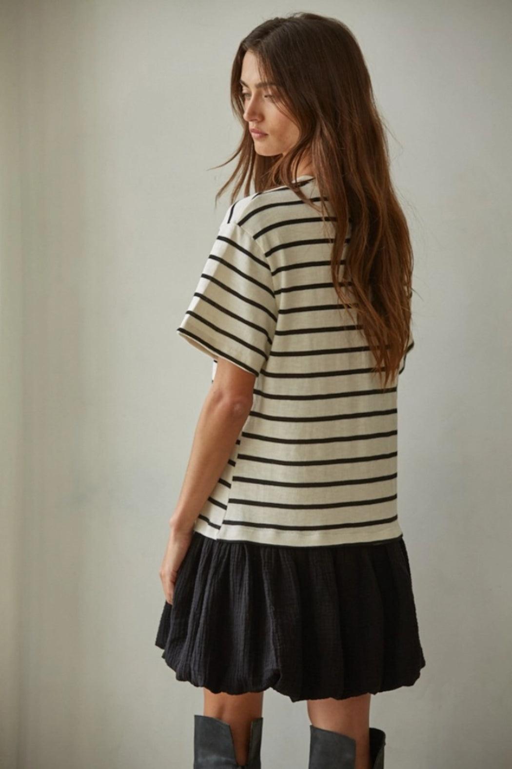 Knit Striped Short Sleeve Mini Bubble Dress Product Image