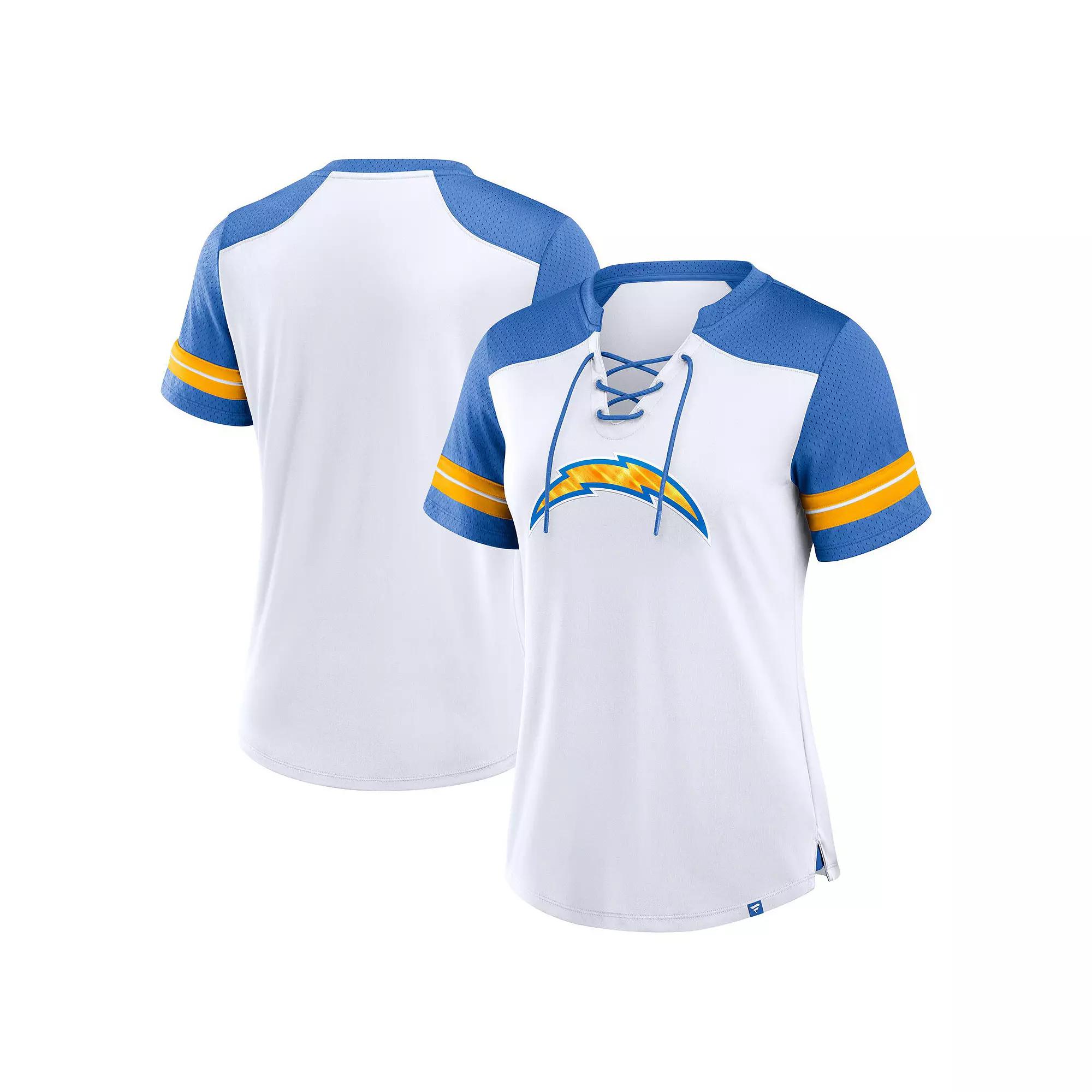 Women's Fanatics White/Powder Blue Los Angeles Chargers Foiled Primary Lace-Up T-Shirt, Size: 3XL Product Image