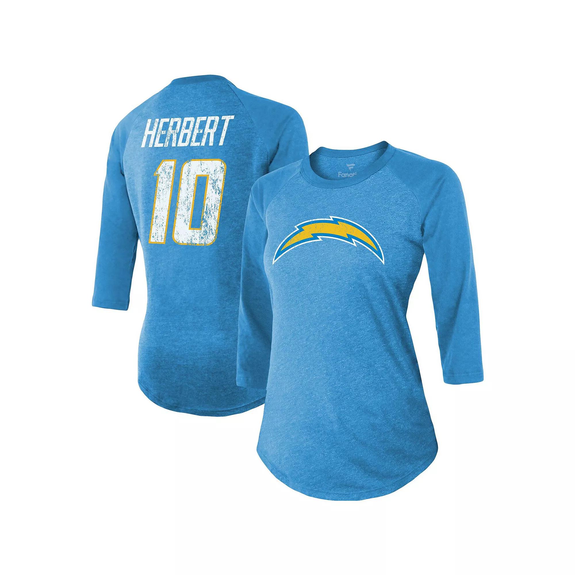 Women's Fanatics Branded Justin Herbert Powder Blue Los Angeles Chargers Team Player Name & Number Raglan 3/4-Sleeve T-Shirt,  Product Image