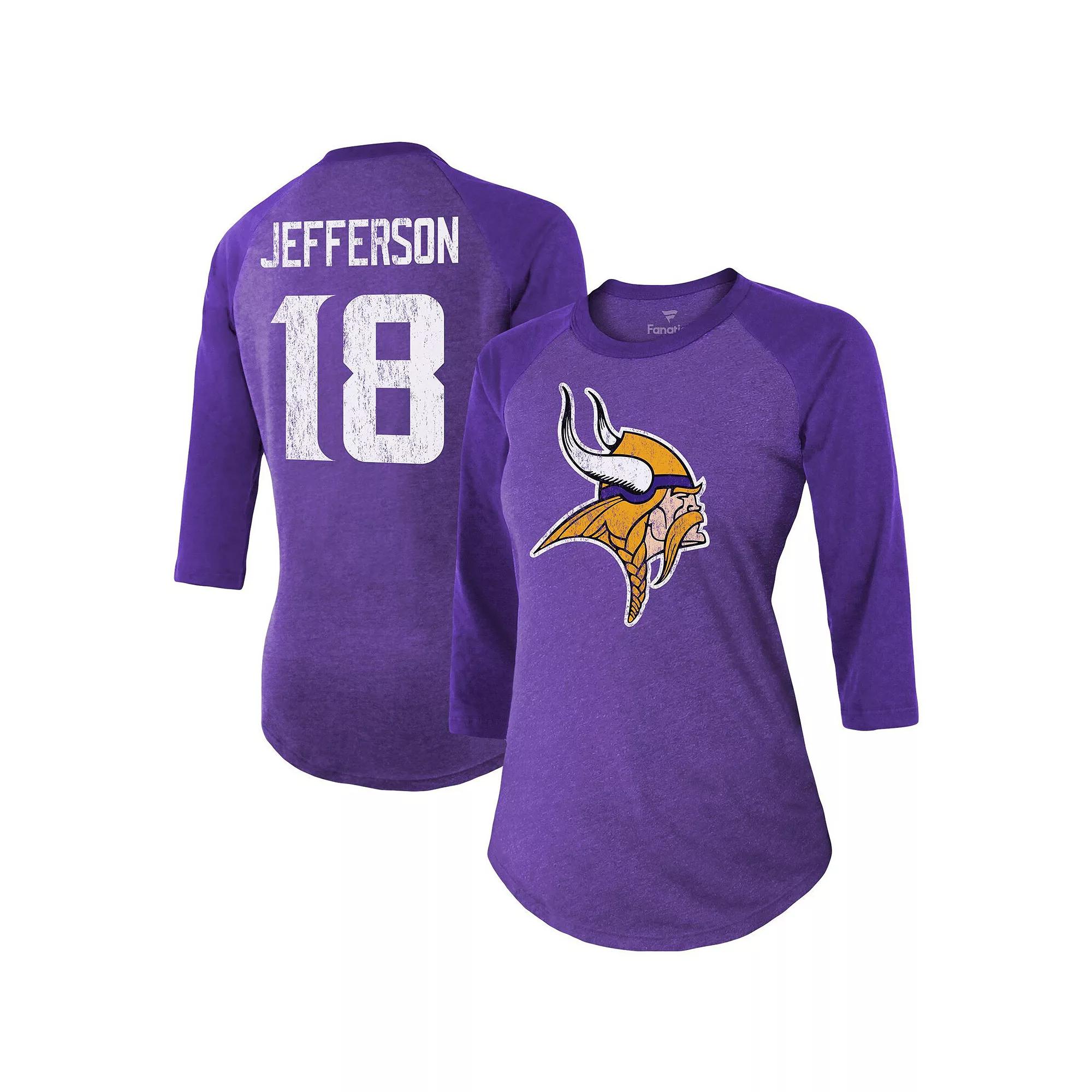 Women's Fanatics Branded Justin Jefferson Purple Minnesota Vikings Team Player Name & Number Tri-Blend Raglan 3/4-Sleeve T-Shirt, Size: Small Product Image