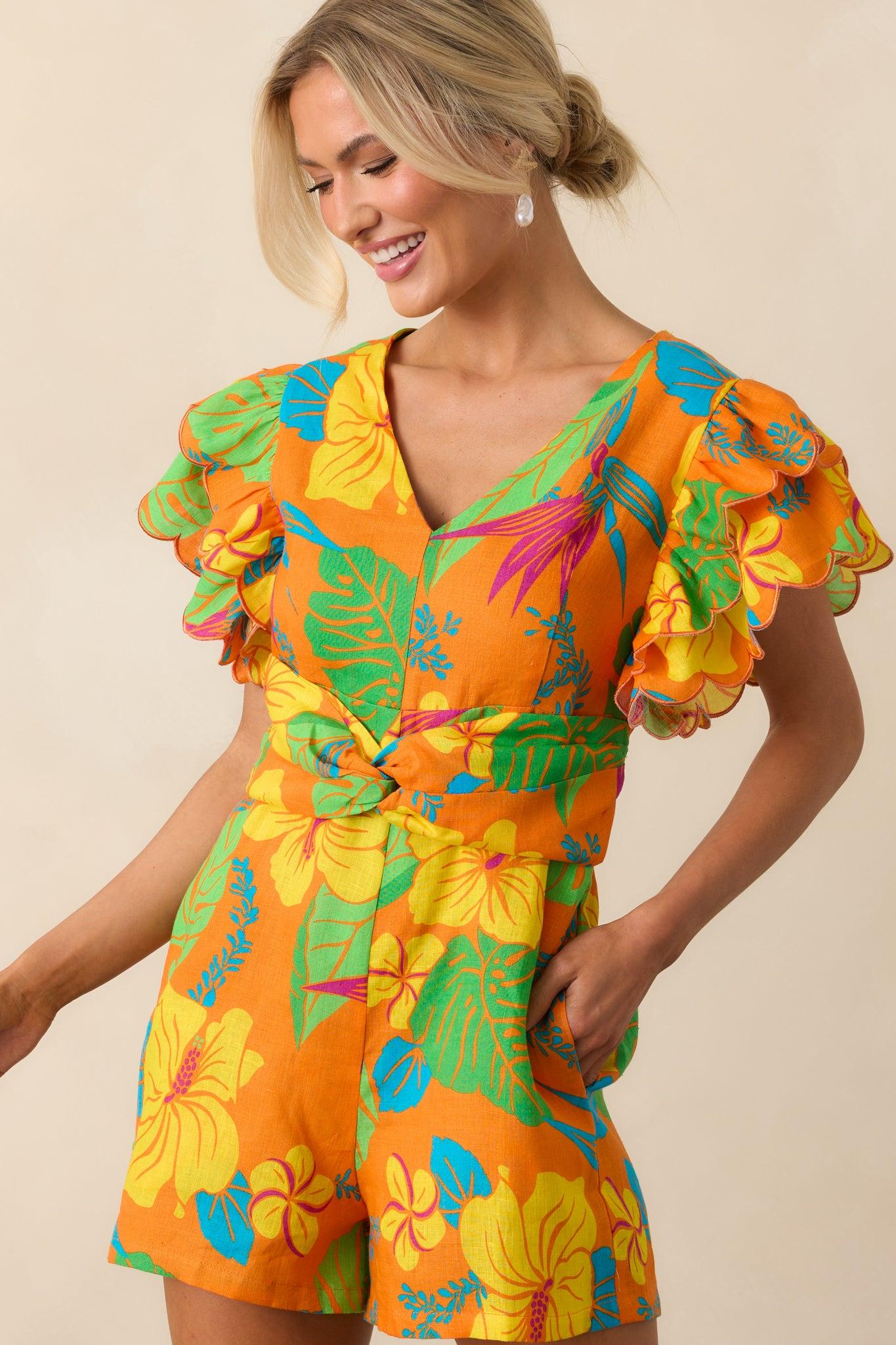 Palm Tree Shadows Orange Tropical Print Linen Romper Product Image