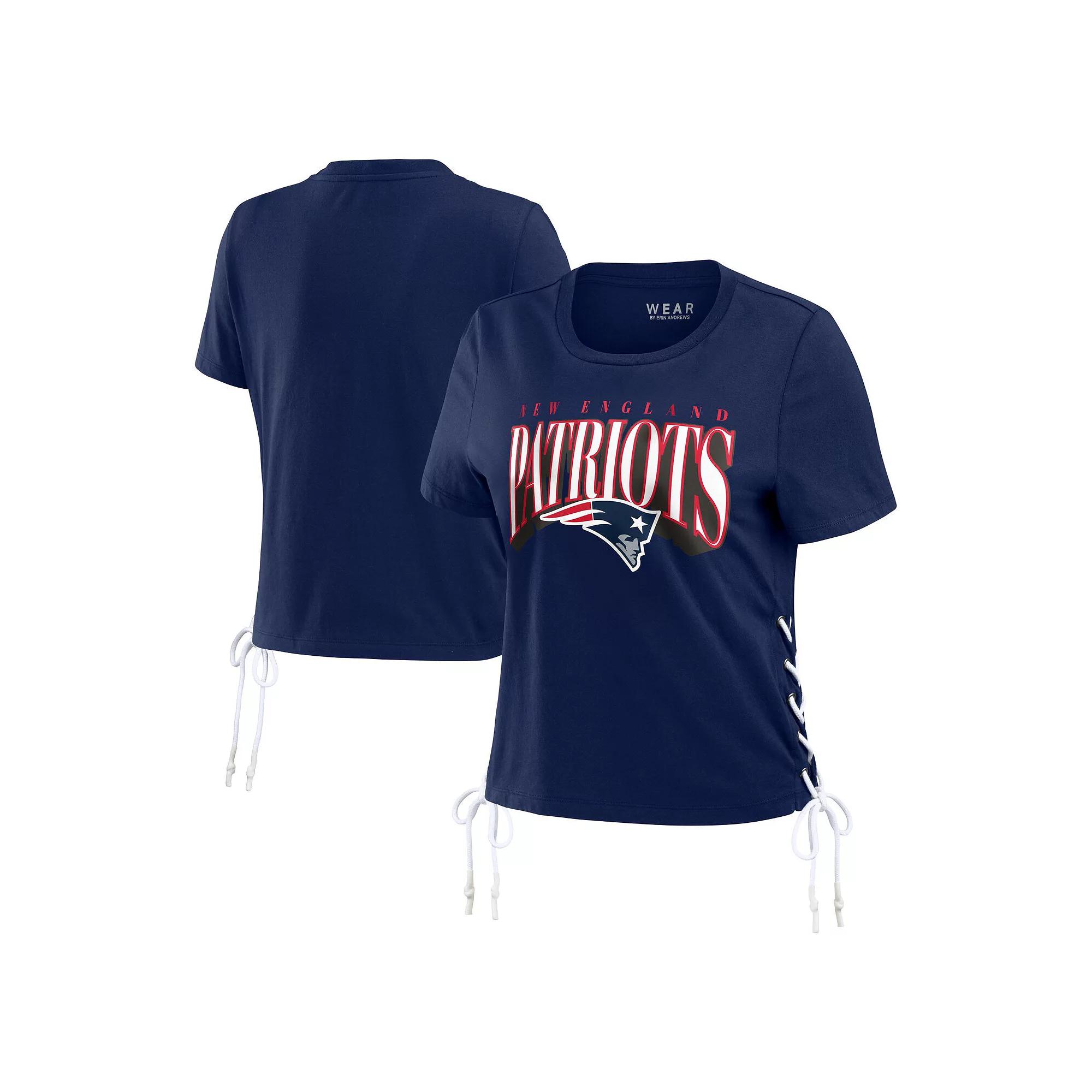 Women's WEAR by Erin Andrews Navy New England Patriots Lace Up Side Modest Cropped T-Shirt,  Product Image