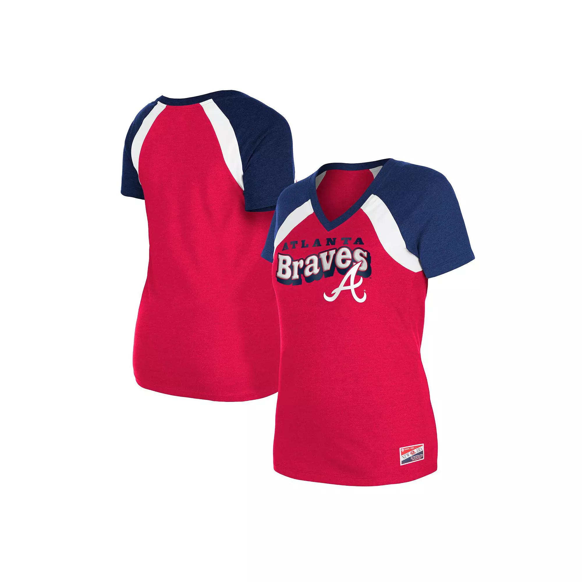 Women's New Era Red Atlanta Braves Heathered Raglan V-Neck T-Shirt, Size: Small Product Image