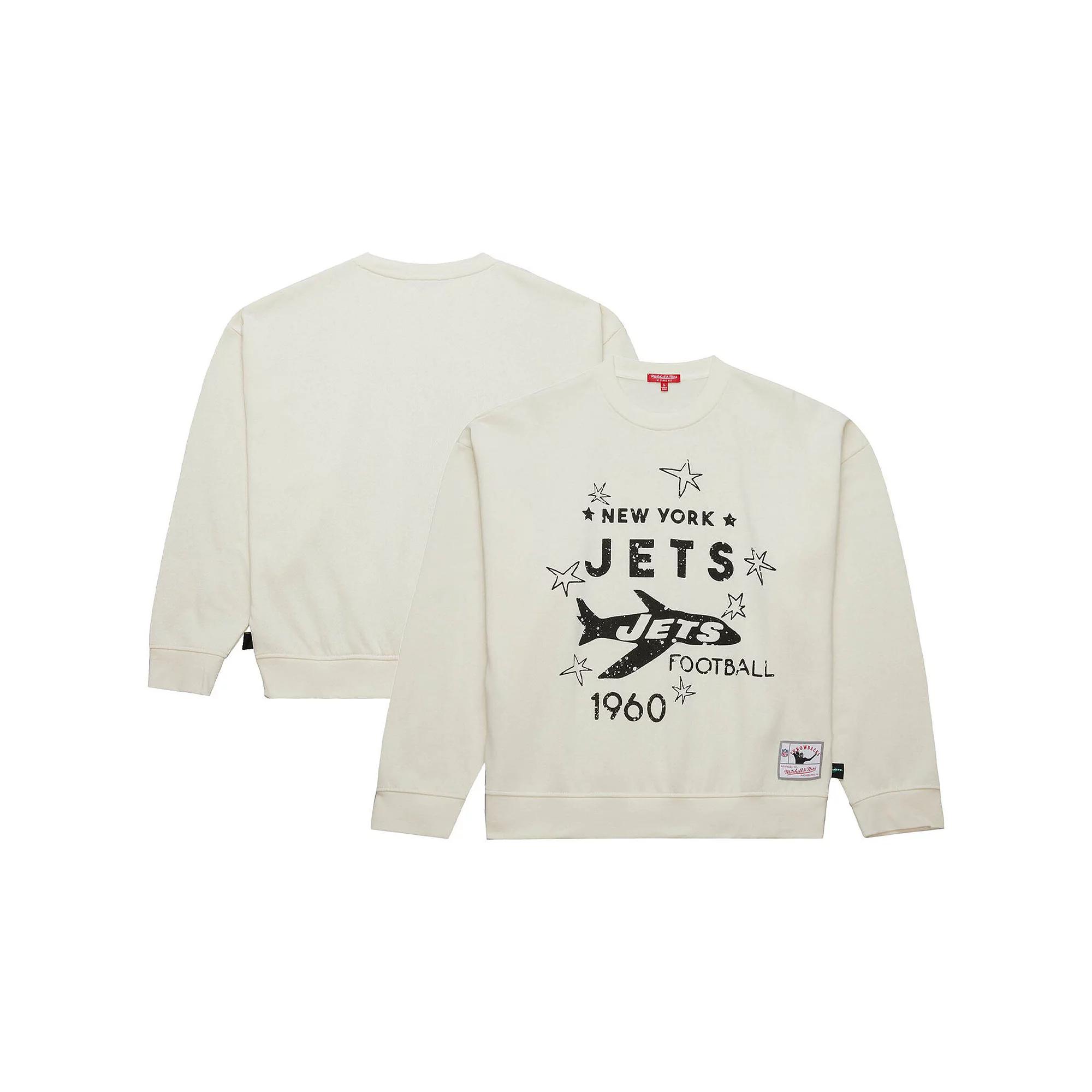 Women's Mitchell & Ness Cream New York Jets Throwback Logo 3.0 Pullover Sweatshirt,  Product Image