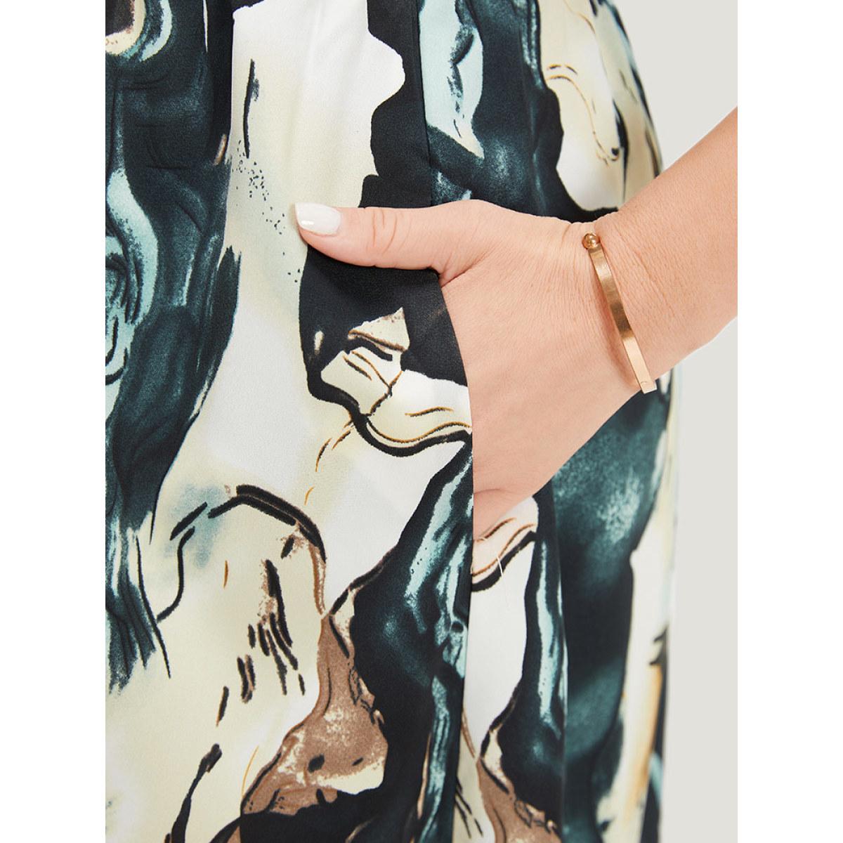 Plus Size Water Ripple Print Ruffles Pocket Guipure Lace Dress Aegean Women Elegant V-neck Short sleeve Curvy Knee Dress BloomChic 18-20/2X Product Image