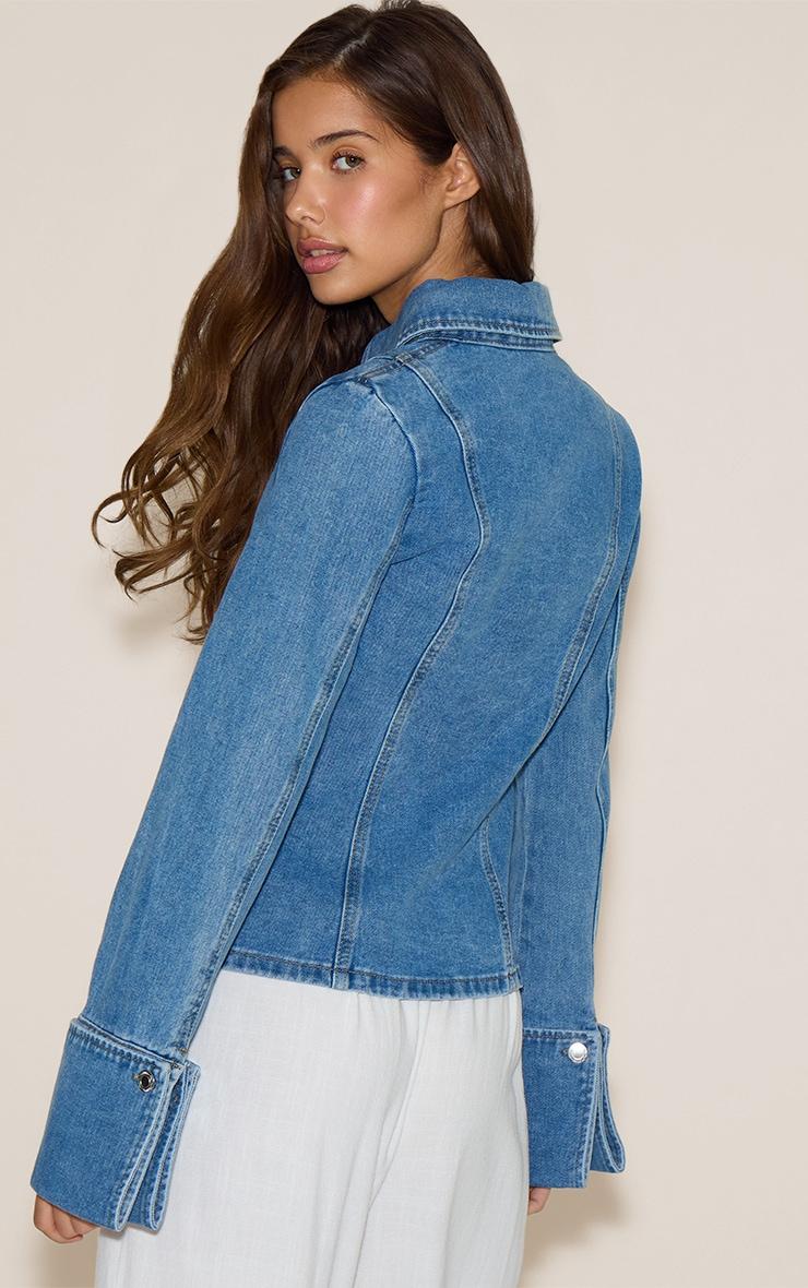  Mid Blue Wash Long Sleeve Cinch Waist Denim Shirt Product Image