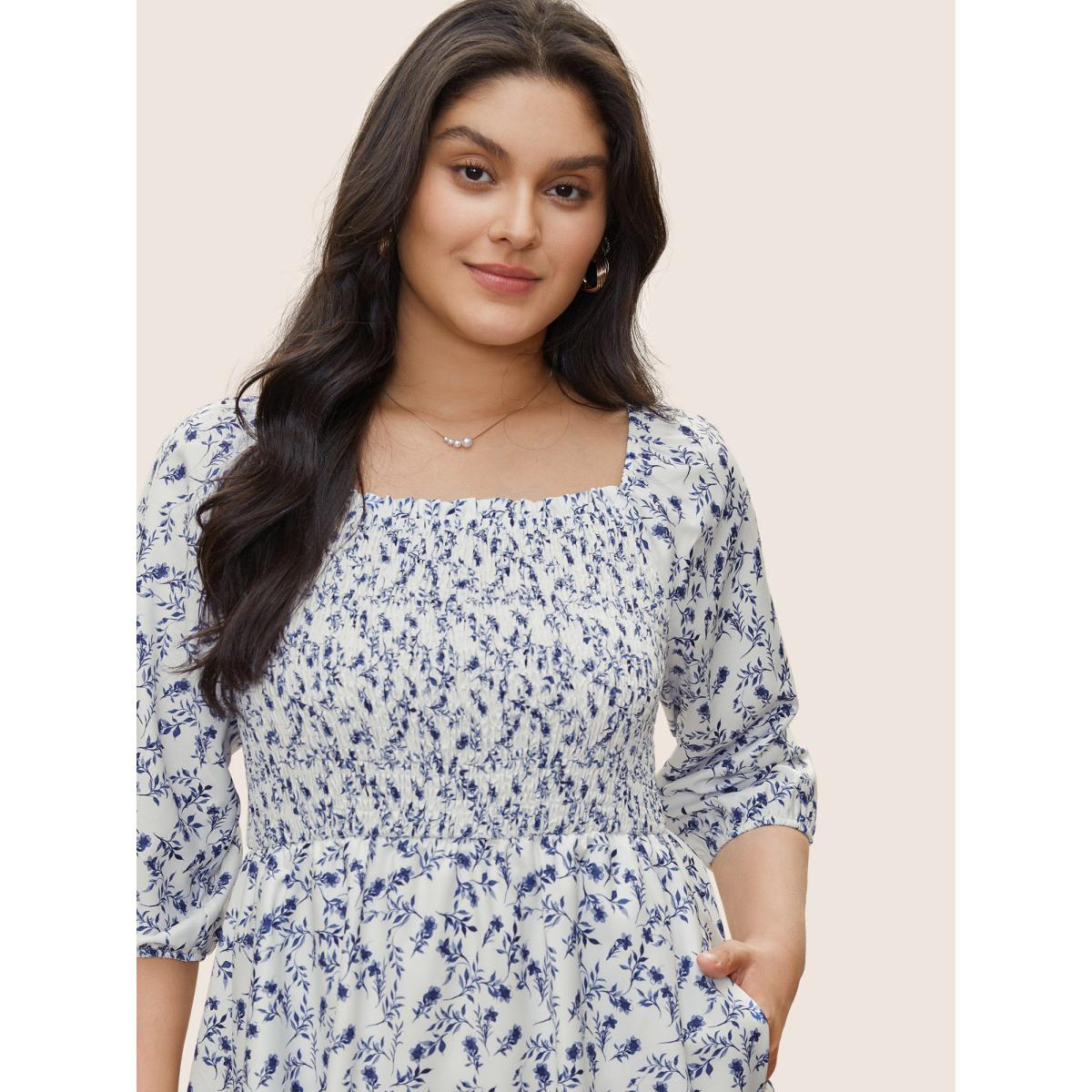 Plus Size Ditsy Floral Square Neck Shirred Lantern Sleeve Dress White Women Elegant Non Square Neck Elbow-length sleeve Curvy Midi Dress BloomChic 22-24/3X Product Image