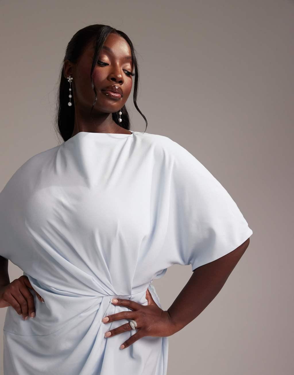 ASOS DESIGN Curve Bridesmaids slash neck crepe t-shirt sleeve minimal drape maxi dress in light blue Product Image