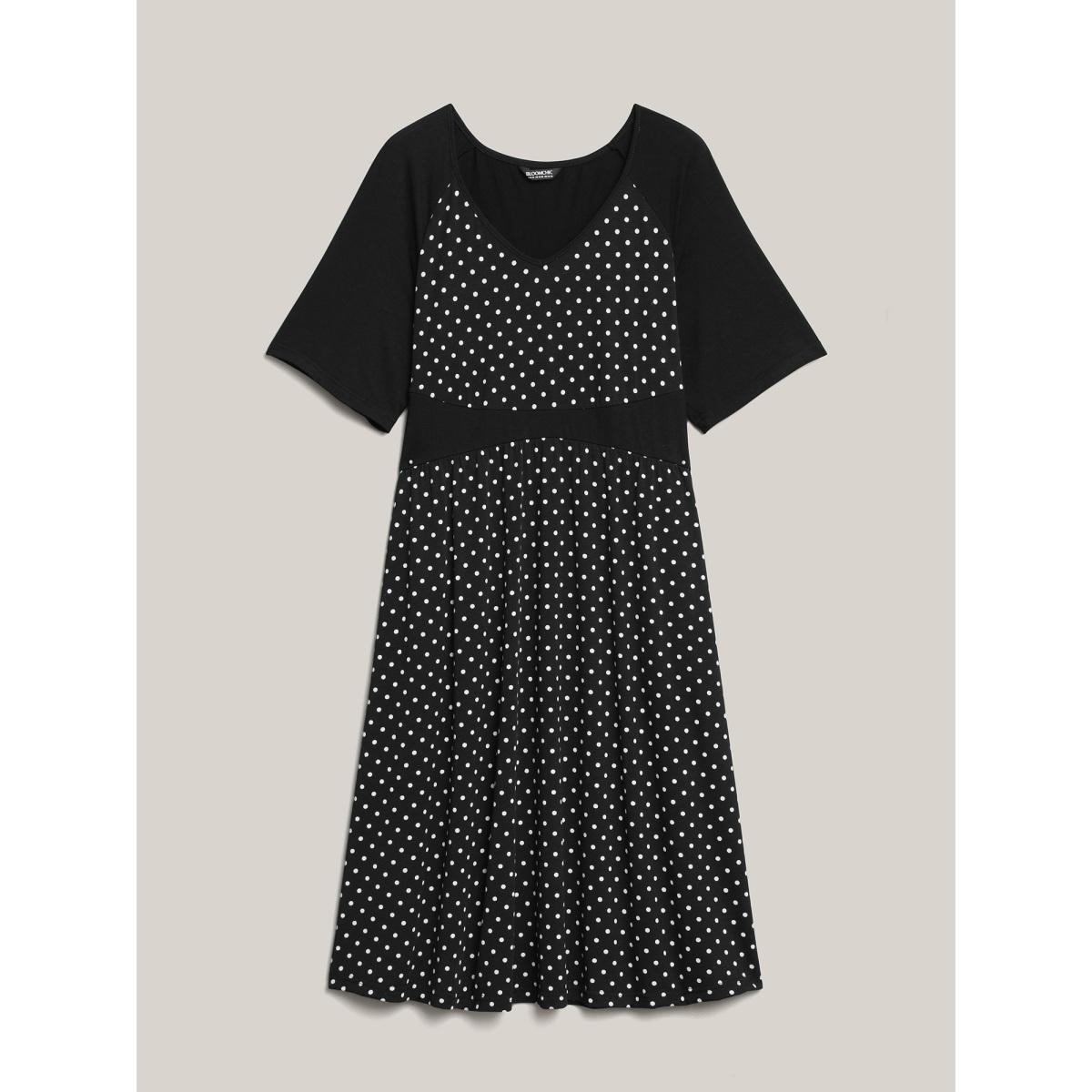 Plus Size Supersoft Polka Dot Waist-Cinched Midi Dress BlackFlower Women At the Office Patchwork Knit Dresses Bloomchic 28/5X Product Image