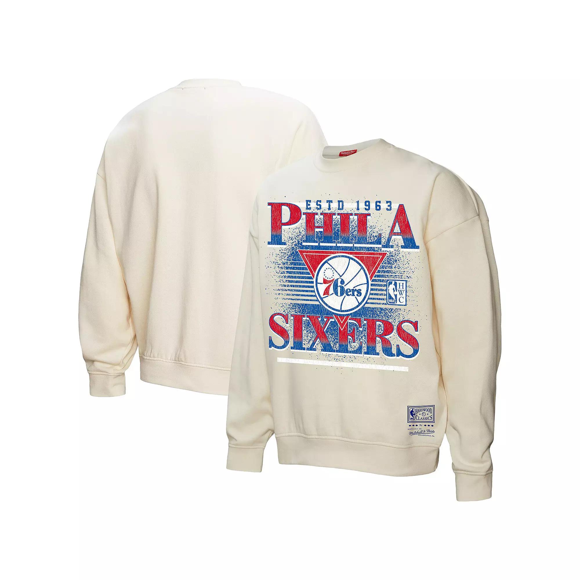 Women's Mitchell & Ness Cream Philadelphia 76ers Oversprayed Pullover Sweatshirt,  Product Image