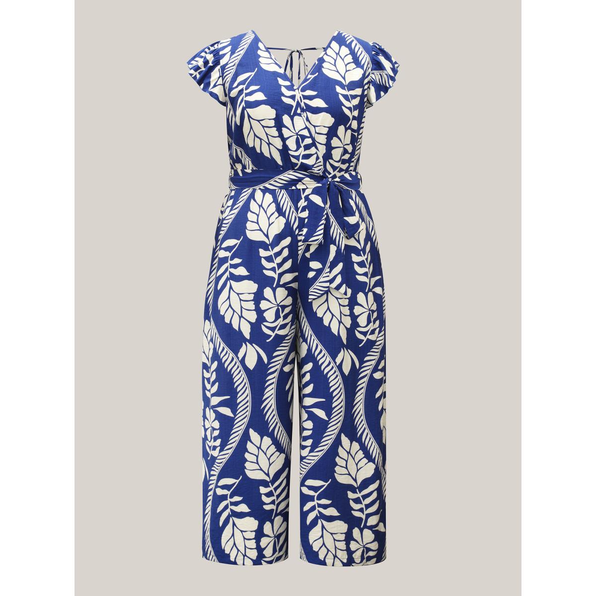 Plus Size Navy Large Floral Print Pockets Jumpsuit Women Resort Cap Sleeve Overlap Collar Vacation Loose Jumpsuits BloomChic 22-24/3X Product Image