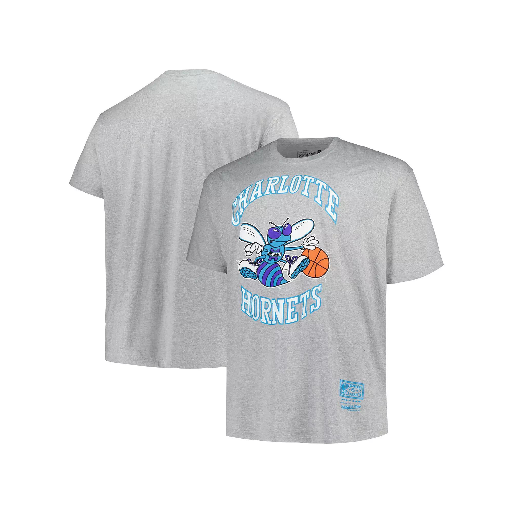 Men's Mitchell & Ness Heather Gray Charlotte Hornets Big & Tall Hardwood Classics Vintage Logo T-Shirt,  Product Image